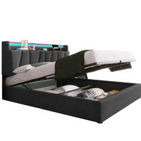 POLSTERBETT 160/200 cm Grau aus Leinen mit Stauraum-Kopfteil und LED-Beleuchtung - Grau, Textil (160/200cm) - OKMYHOME
