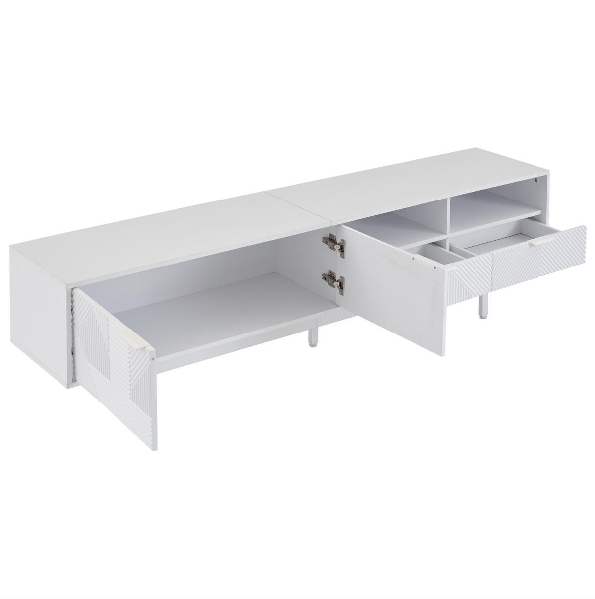 TV-LOWBOARD aus Spanplatte 200x40x51 cm Weiß mit Stauraum, Kabelmanagement und geometrischer Front - Weiß, Holzwerkstoff (200/51/41cm) - Modfu
