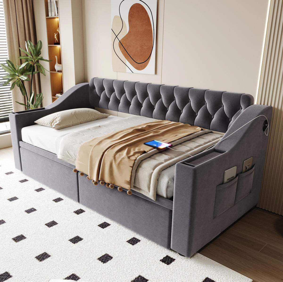 POLSTERBETT 90/190 cm mit USB- und Typ-C-Anschluss, Stauraumschubladen und Armlehnenfächern aus Samt, Dunkelgrau - Grau, Textil (90/190cm) - Redom