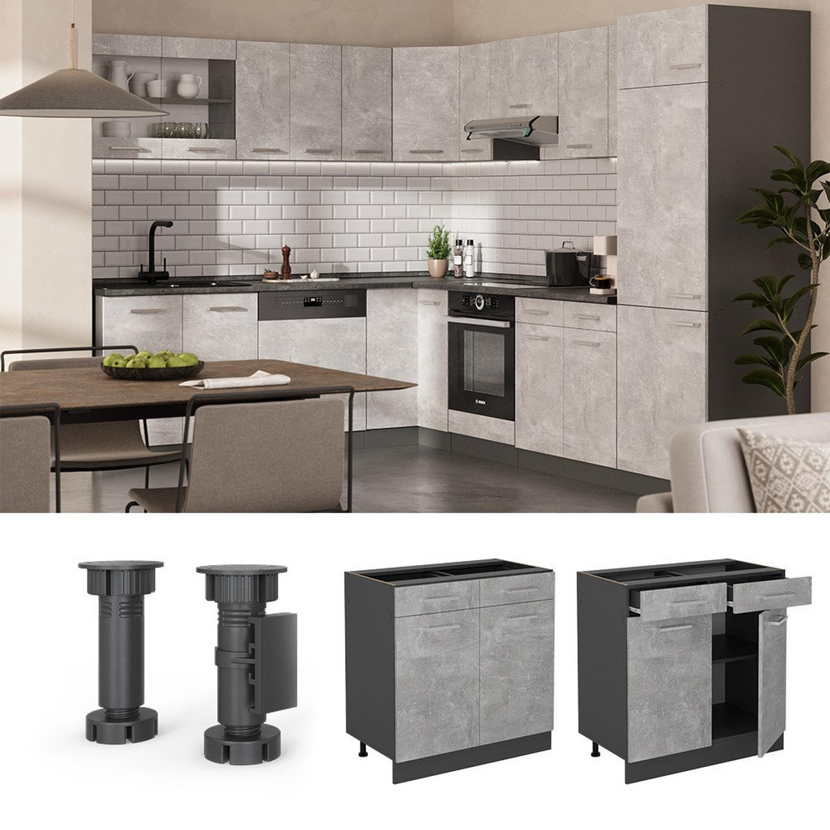 KÜCHENUNTERSCHRANK R-Line Beton 80 cm , AP Eiche - Schieferfarben/Anthrazit, Holzwerkstoff (80/81.6/60cm) - Vicco