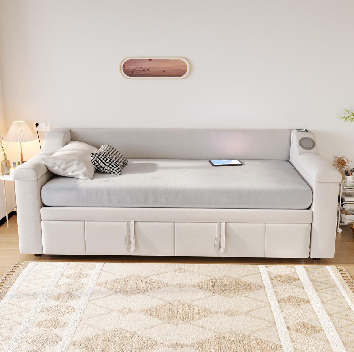 SCHLAFSOFA 90/190 cm beige mit Bluetooth-Stereoanlage und Ablagefächern - Weiß, Textil (90/190cm) - OKWISH