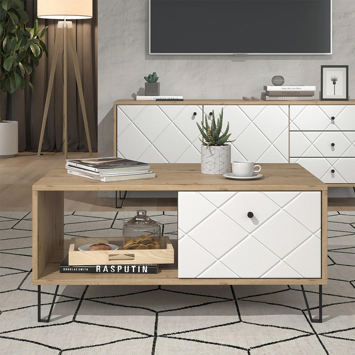 COUCHTISCH Nizza Artisan/Weiß 90.2 x 59.4 cm mit offenem Fach & Schublade - Eiche Artisan/Weiß, Holzwerkstoff (59.4/90.2/42.4cm) - Vicco