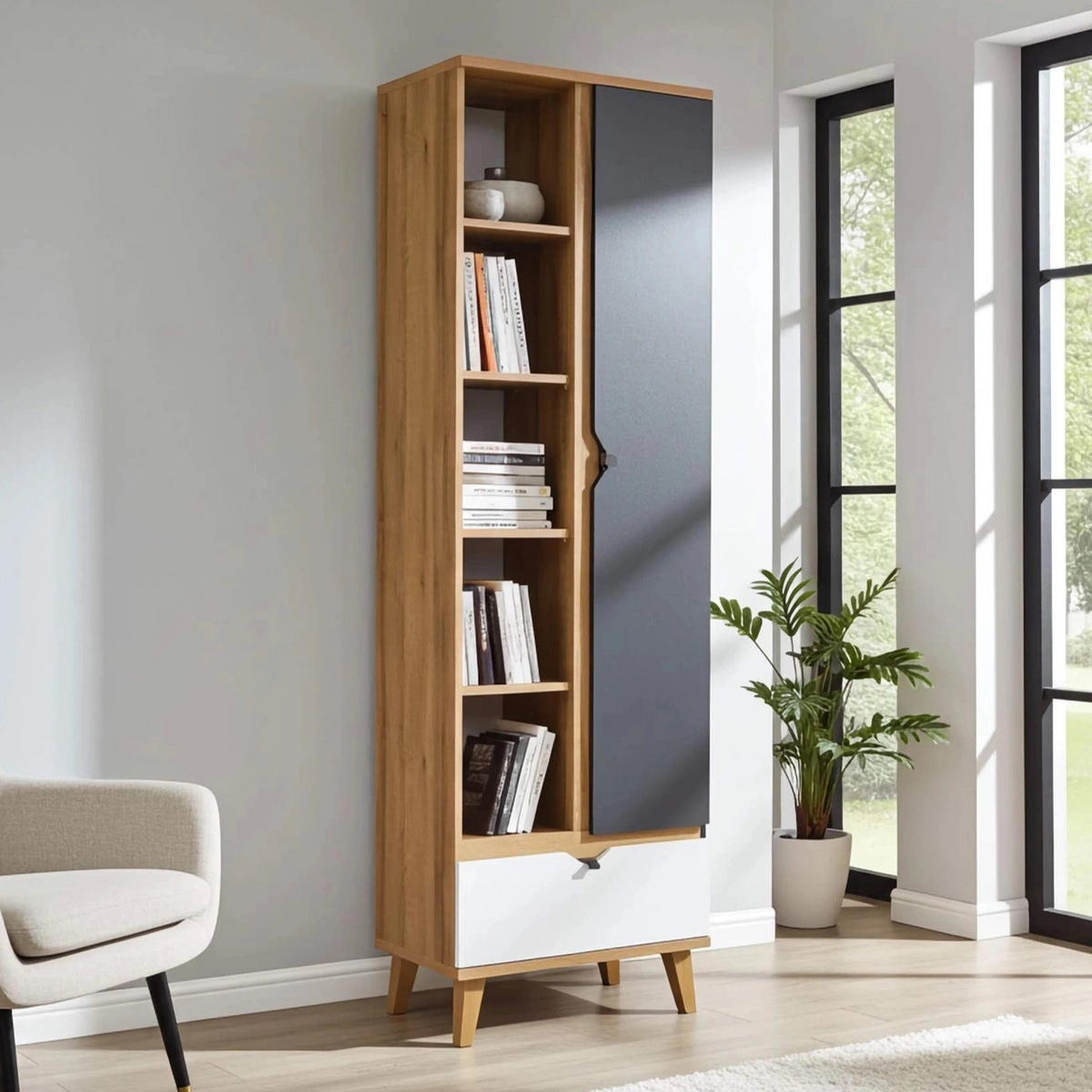 BÜCHERREGAL Aster R1D1SZ - Eichefarben/Graphitfarben, Holzwerkstoff/Kunststoff (60/200/40cm) - Ravio