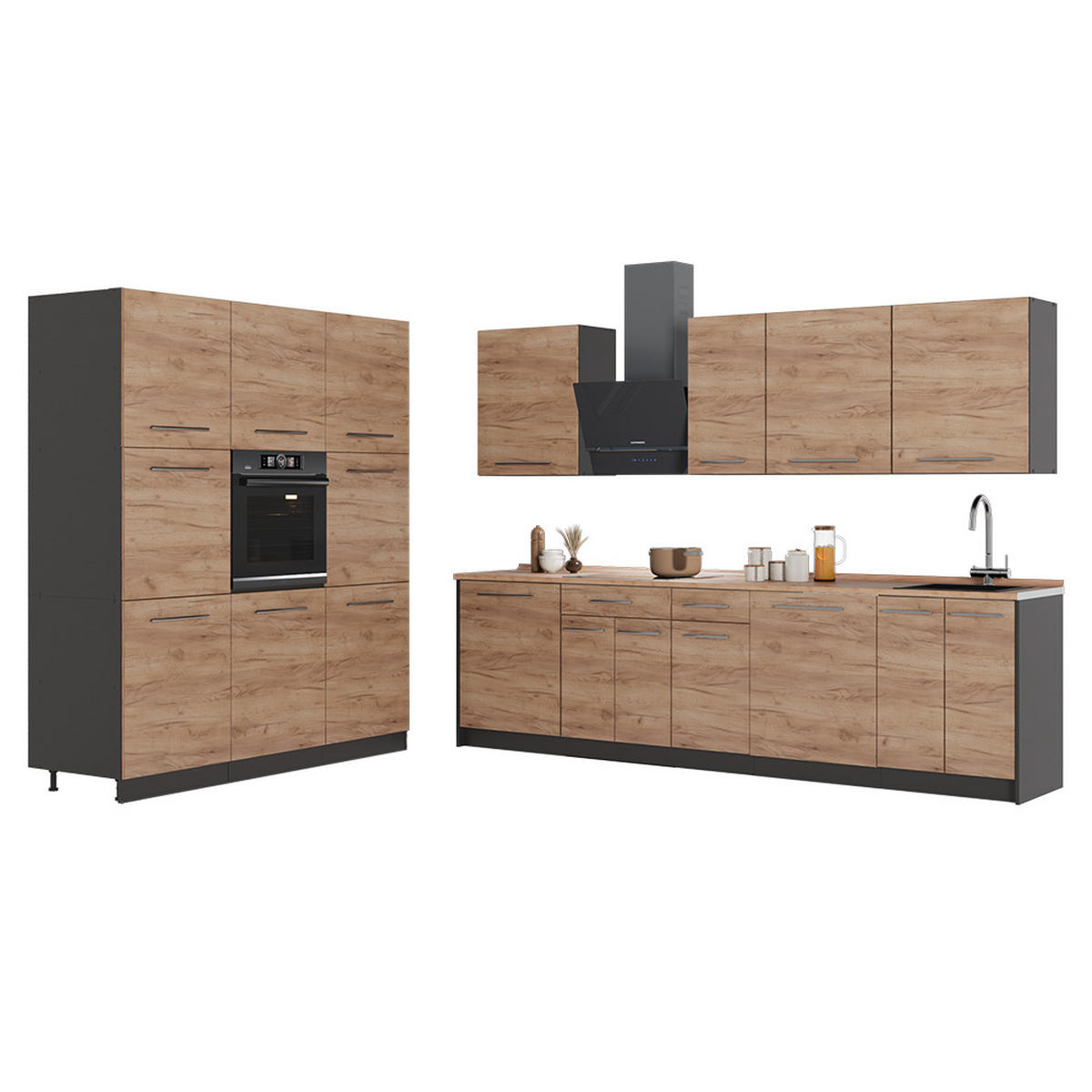 KÜCHENZEILE Fame-Line, Goldkraft Eiche/Anthrazit, 460 cm, AP Anthrazit - Honigeiche/Anthrazit, Holzwerkstoff (460/206.8/60cm) - Vicco