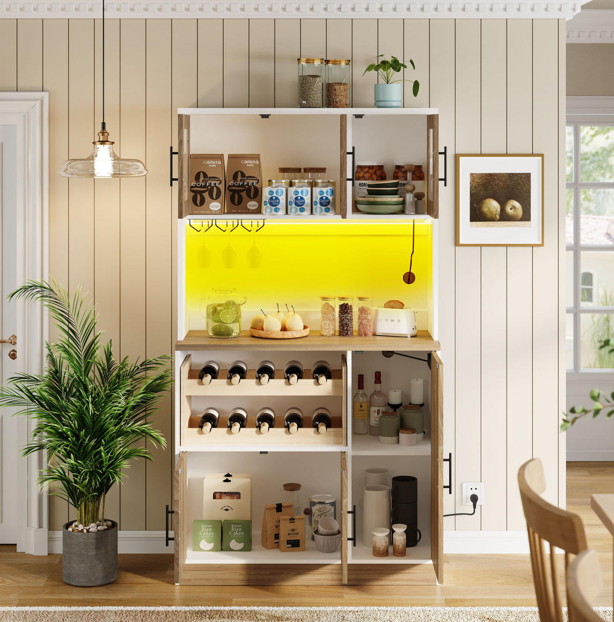 BUFFETSCHRANK 40/100/180 cm aus MDF mit LED-Beleuchtung, Steckdosenleiste und Weinregal, Weiß/Natur - Weiß, Holzwerkstoff (100/180/40cm) - Redom