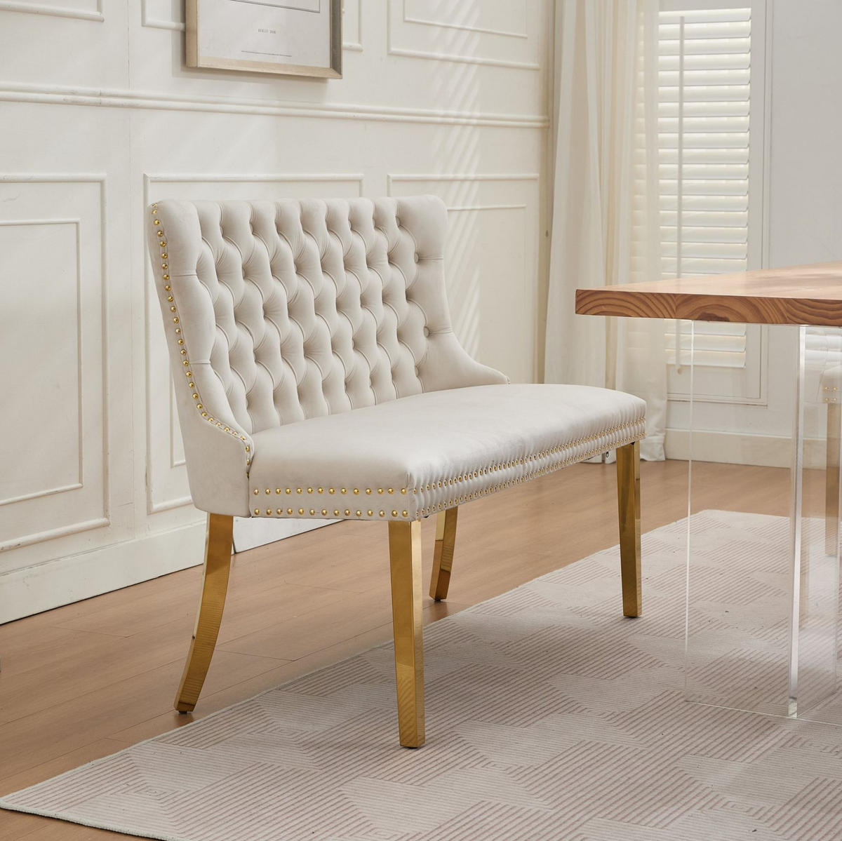 SITZBANK 2-Sitzer Samt Beige mit goldfarbenen Edelstahlbeinen - Beige, Metall (116/89.5/58.1cm) - Meubliv