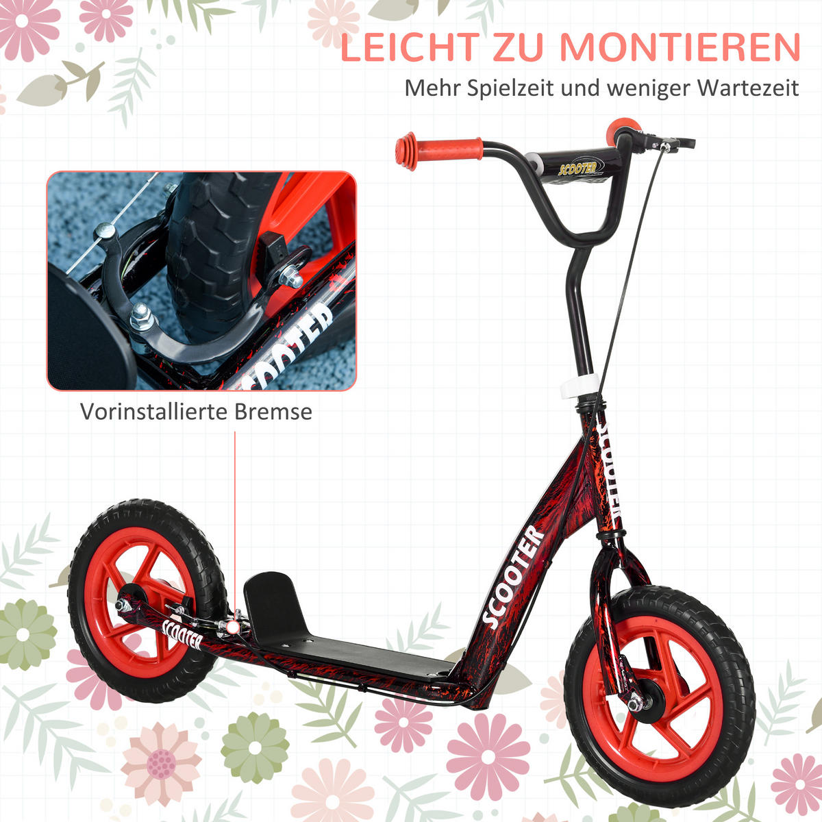 KINDERROLLER Scooter Tretroller mit verstellbarem Lenker, großen Rädern Rot - Rot, Metall (118/52/88cm) - AIYAPLAY