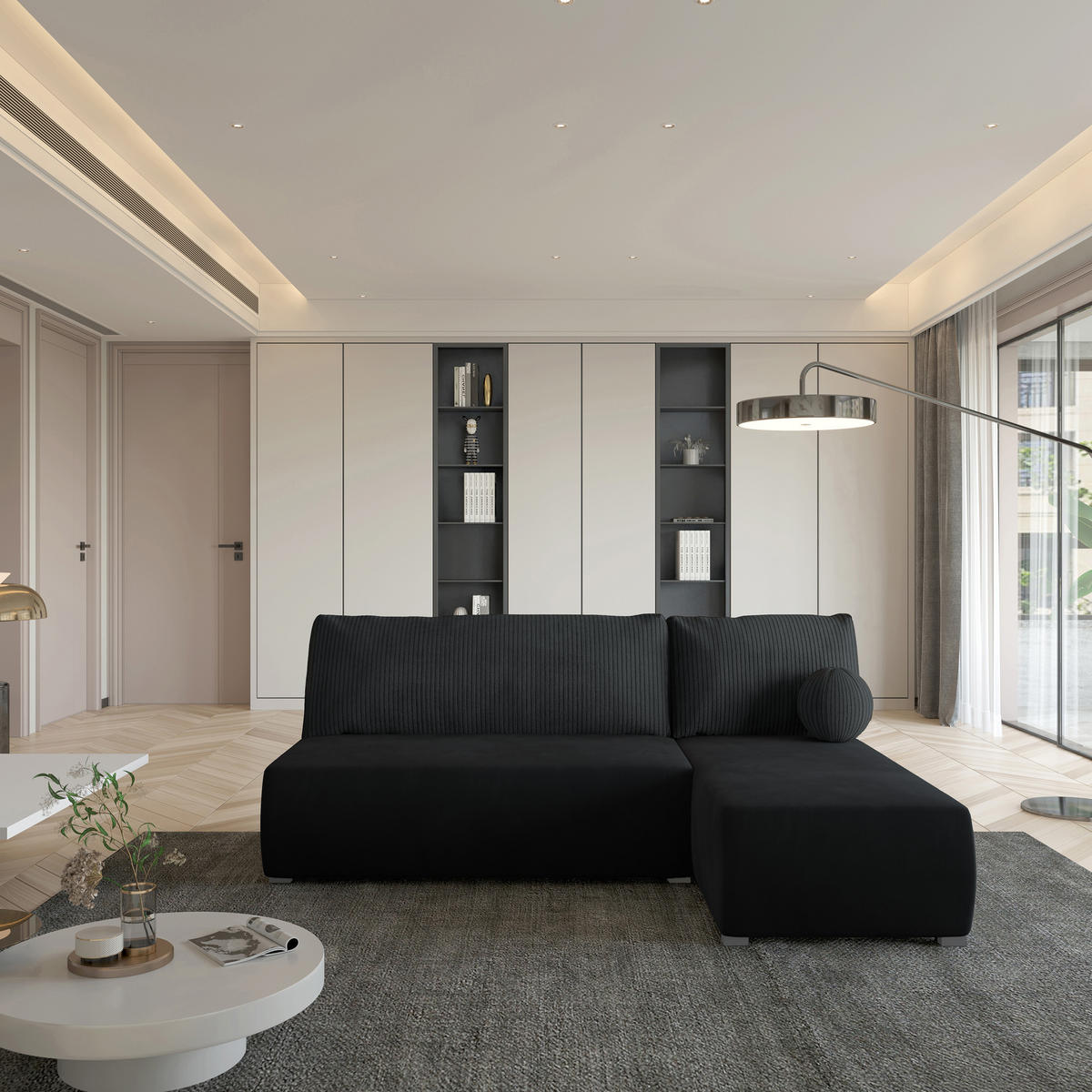 ECKSOFA PARVELO Schwarz Plüsch-Stoff mit Schlaffunktion - Schwarz, Holz (200/143cm) - MASSENO