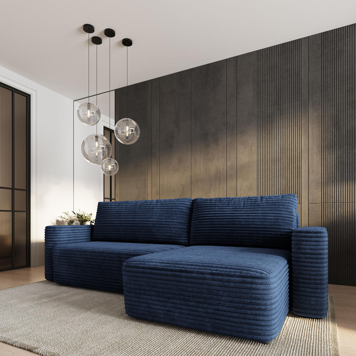 ECKSOFA TELIN Blau Kordstoff mit Schlaffunktion - Blau, Holz (280/162cm) - MASSENO