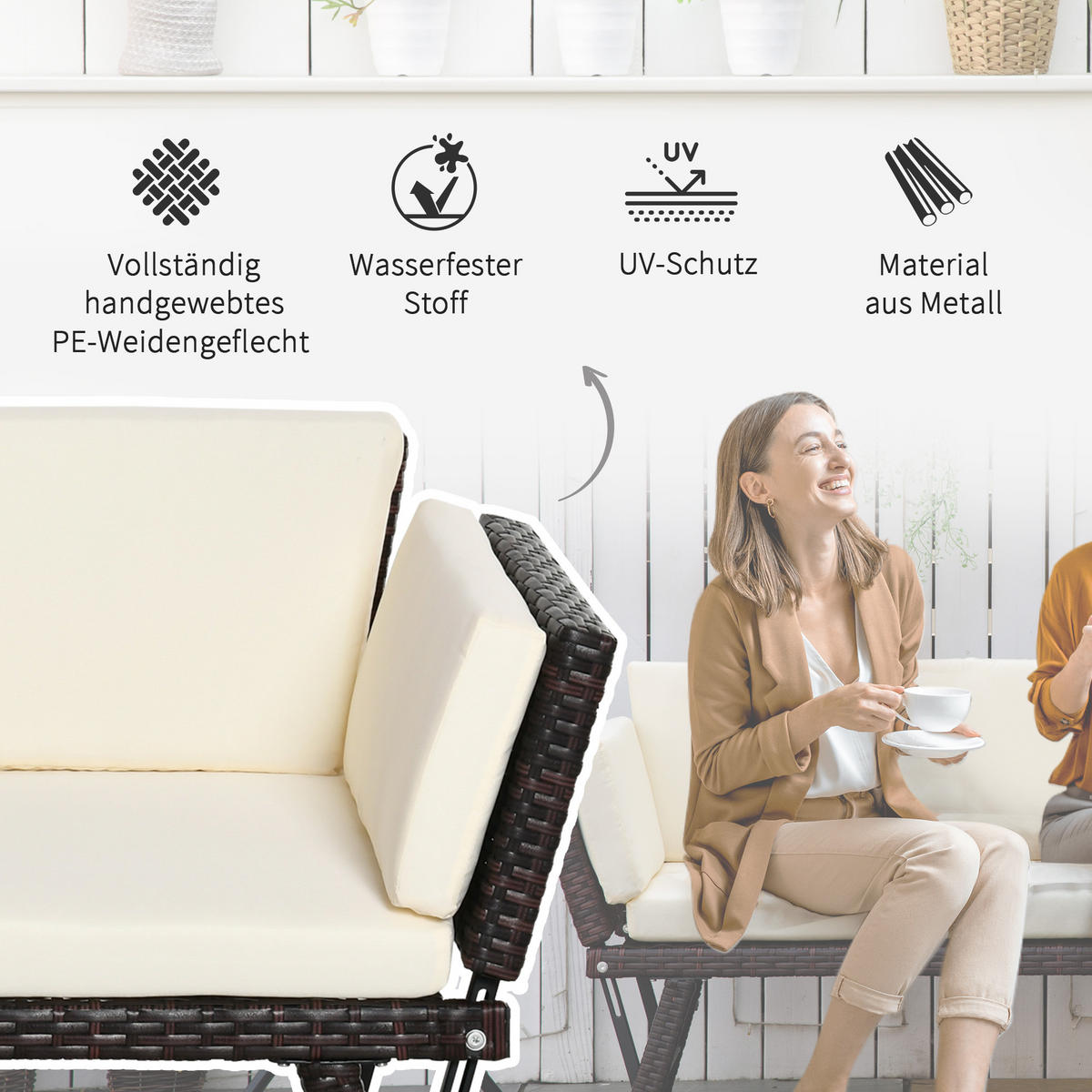 Polyrattan Gartensofa, Stahl, Braun - Braun, Metall (63/67/129cm) - Outsunny