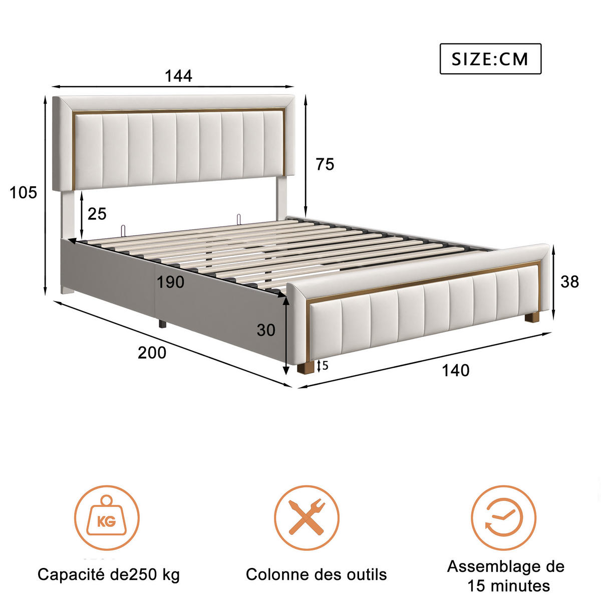 POLSTERBETT 140x190 cm Stauraum Lattenrost Samt Golddekor beige - Beige, Holz (140/190cm) - LEBENLANG