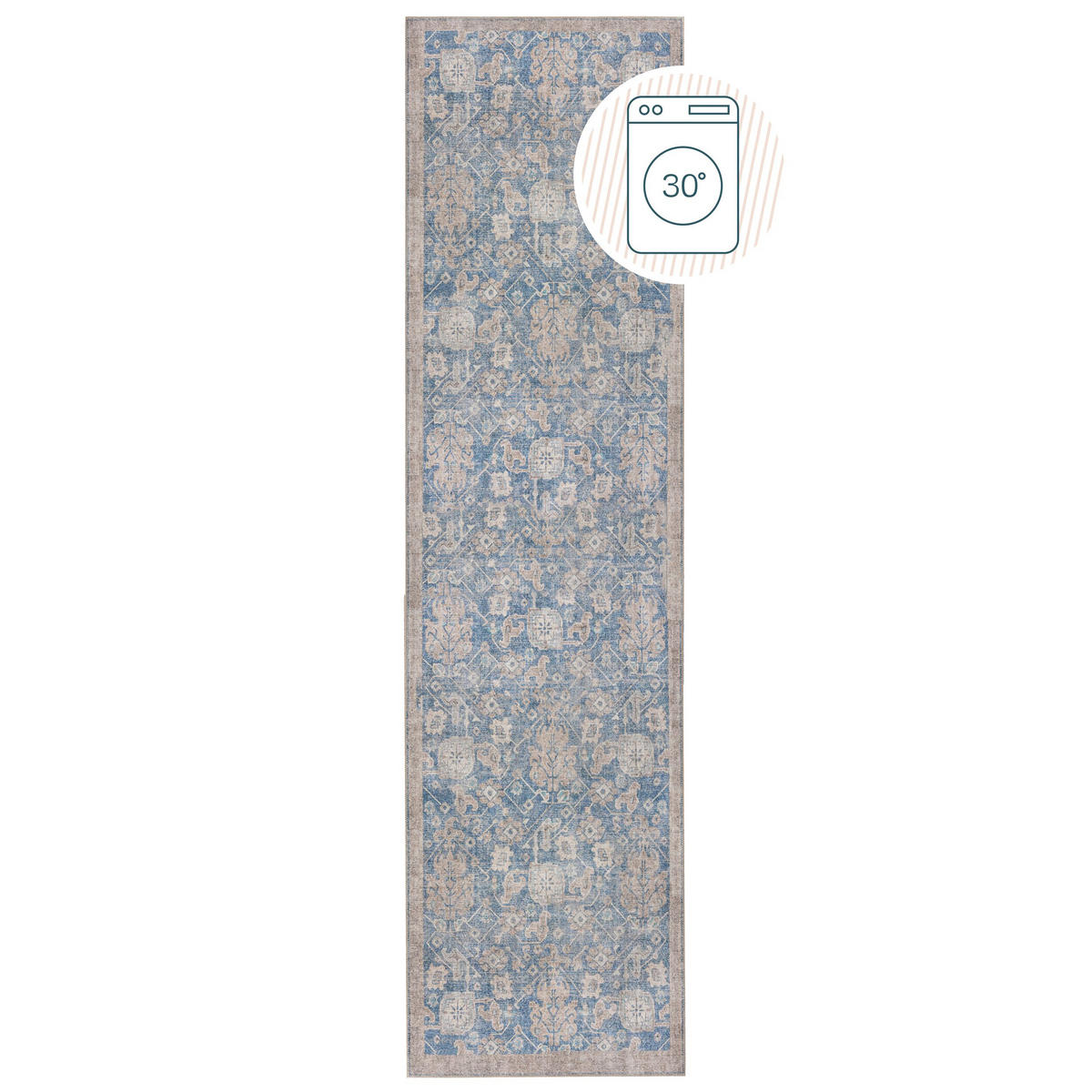TEPPICH waschbar Vintage Floral, Orientalisch, Wohnzimmer schmutzabweisend Blau Läufer 60x230 - Blau, Textil (60/230cm) - KADIMA DESIGN