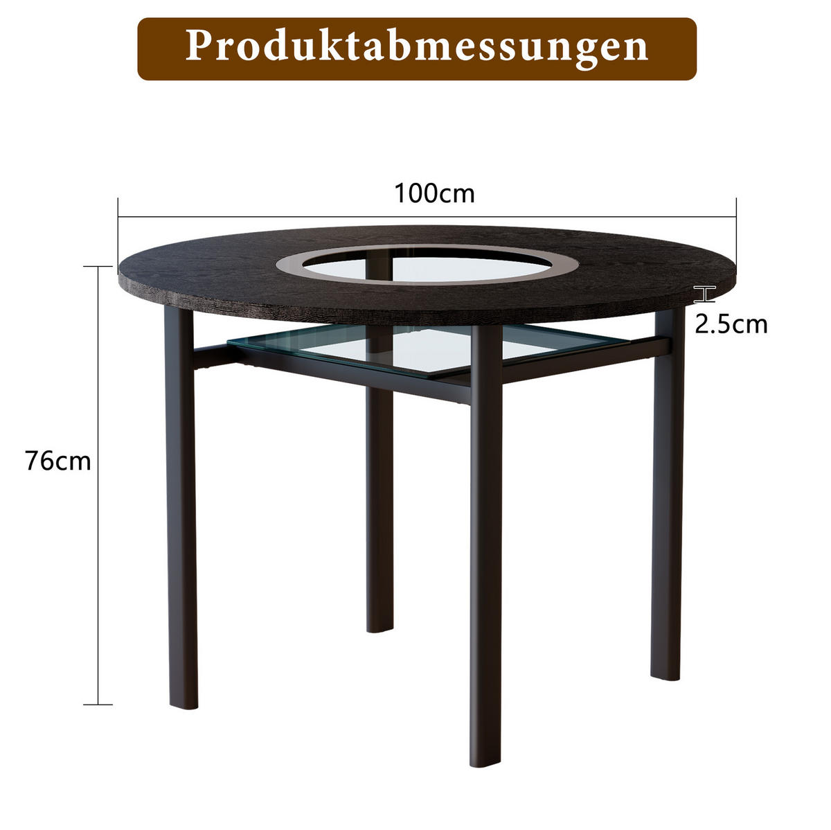 JÍDELNÍ stůl 100 cm černý z MDF a kovu se skleněnou vložkou a policí - černá, kompozitní dřevo (100/100/76cm) - OKWISH