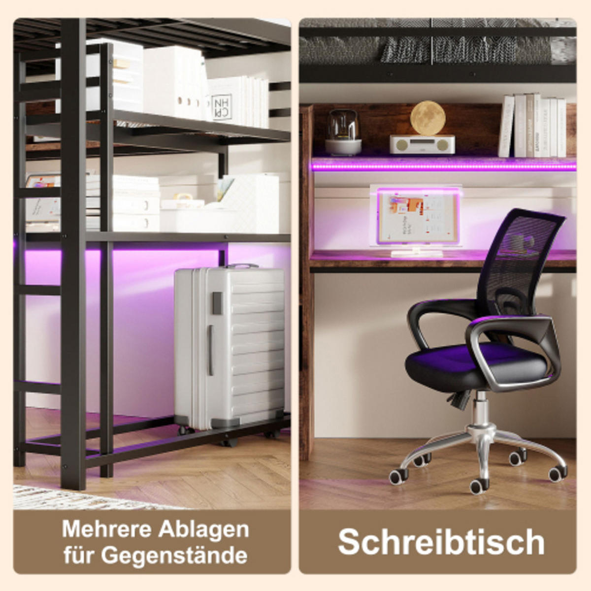 HOCHBETT 140 × 200 cm aus Metall und MDF mit Schreibtisch, Stauraumschublade und 16-Farben-LED-Leiste, schwarz - Schwarz, Holzwerkstoff - Luhomfu