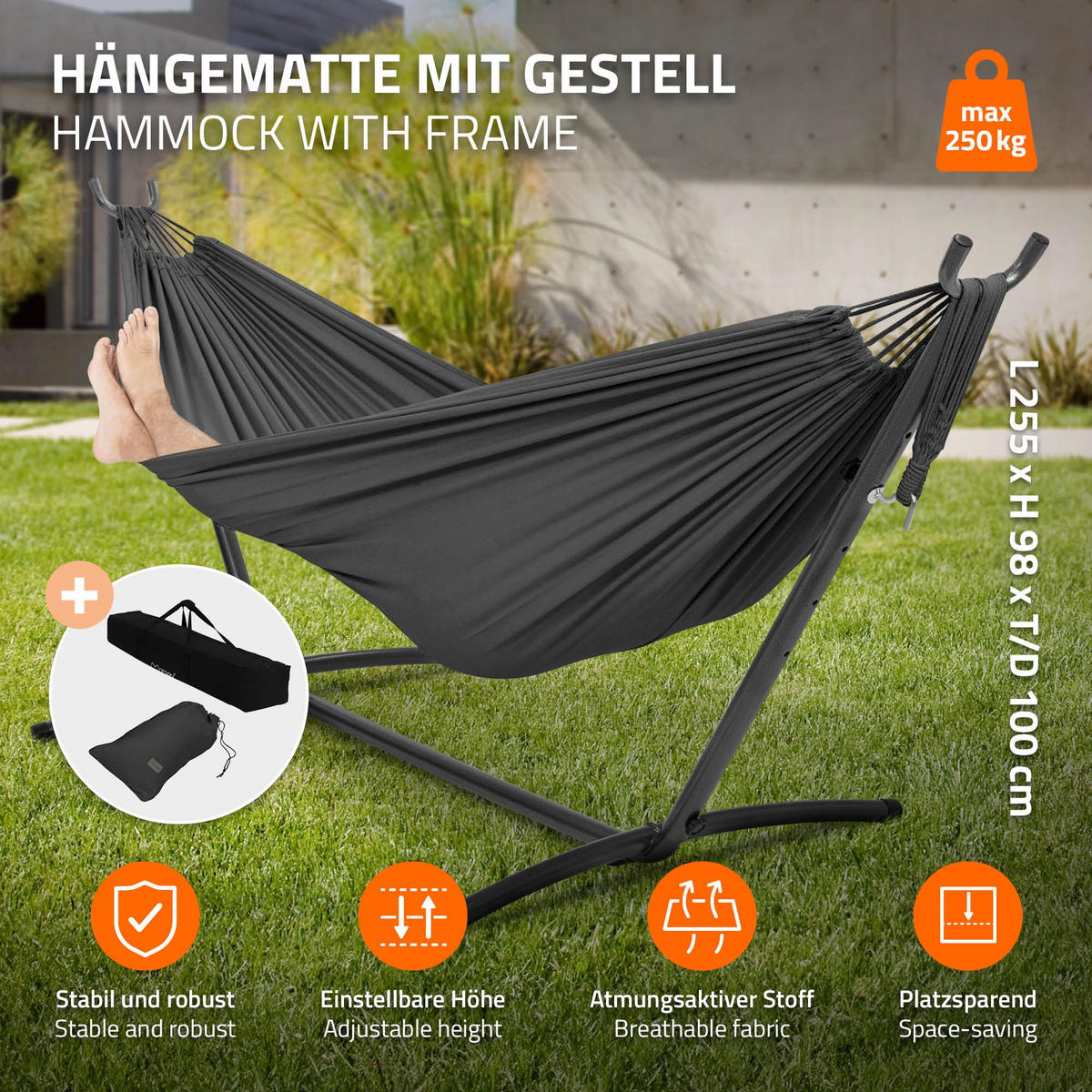 HÄNGEMATTE grau - Dunkelgrau, Metall (99/98/255cm) - ML-DESIGN