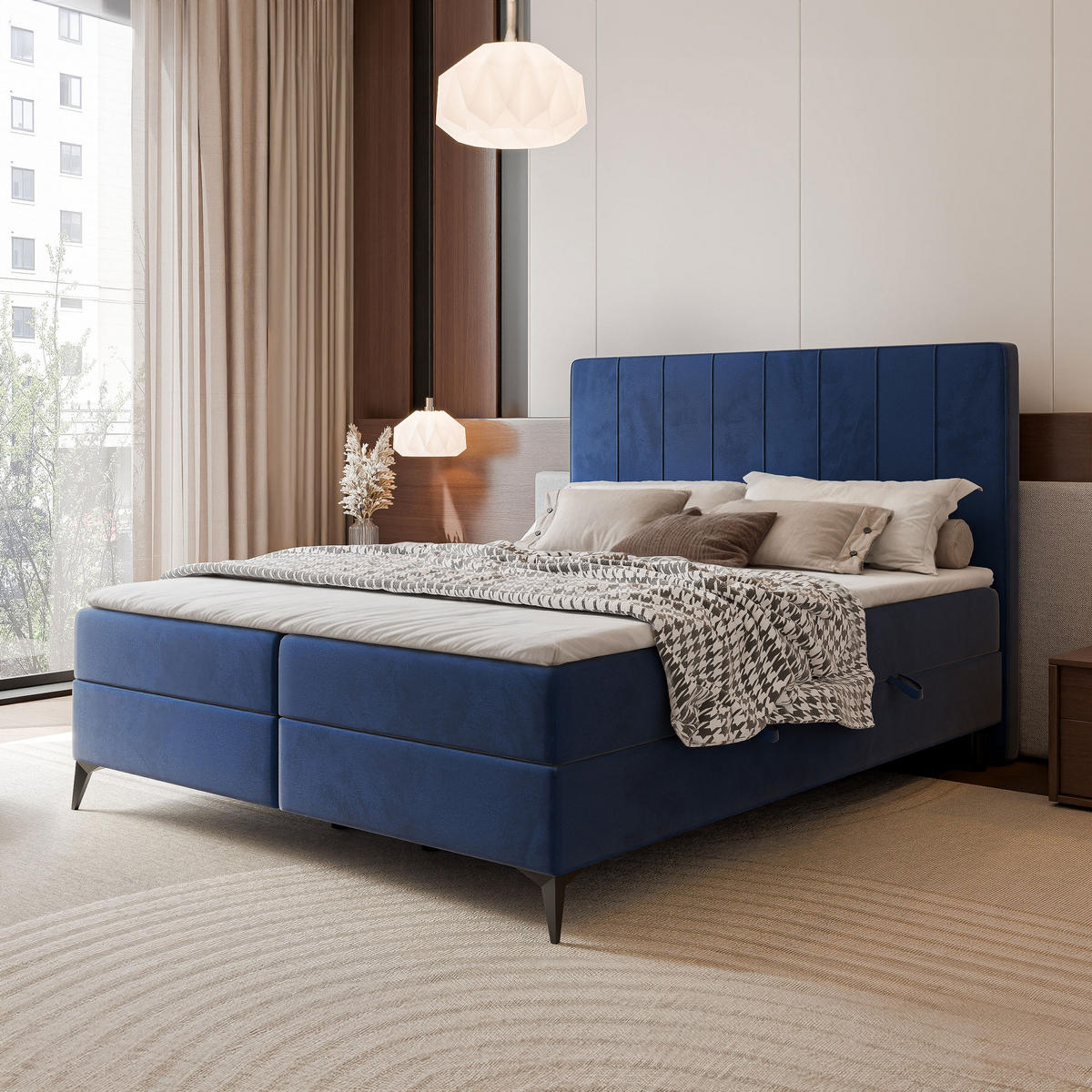 BOXBETT VERA 120x200 cm mit Matratze und Topper, Dichter wasserabweisender Samt Marineblau - Dunkelblau, Textil (120/200cm) - Idohome