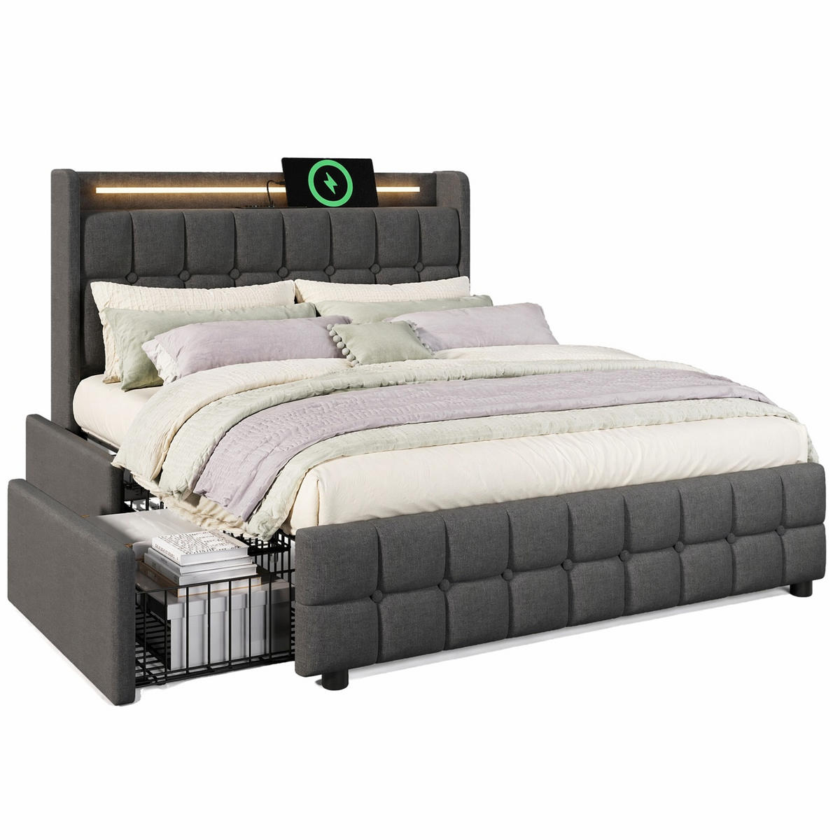 POLSTERBETT 180/200 cm in Grau mit 4 Schubladen, LED und USB Leinen - Grau, Holzwerkstoff/Textil (180/200cm) - CHICFURN