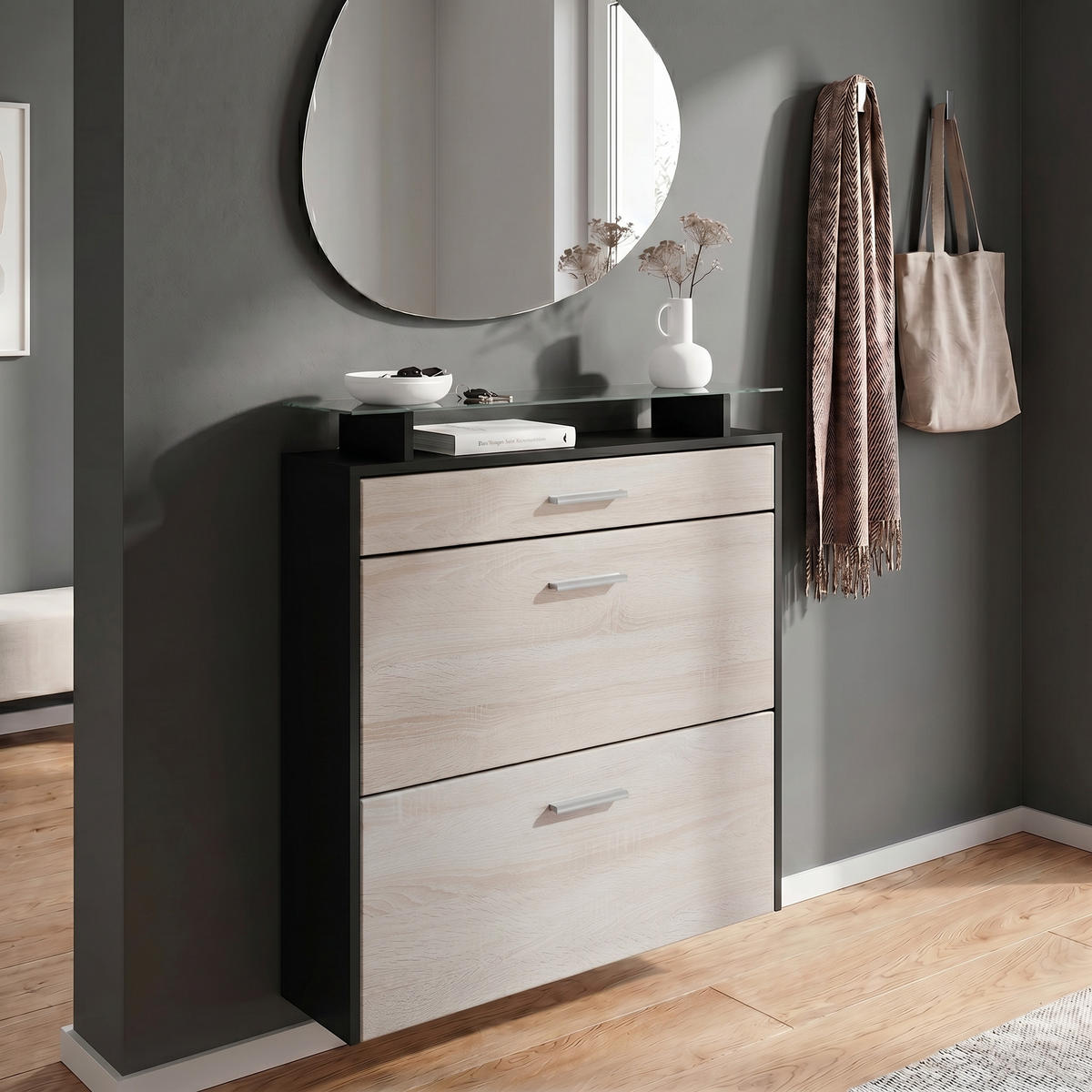 SCHUHSCHRANK Malea Front in Eiche sägerau - Eiche San Remo, Holzwerkstoff (89/96/23cm) - Vladon