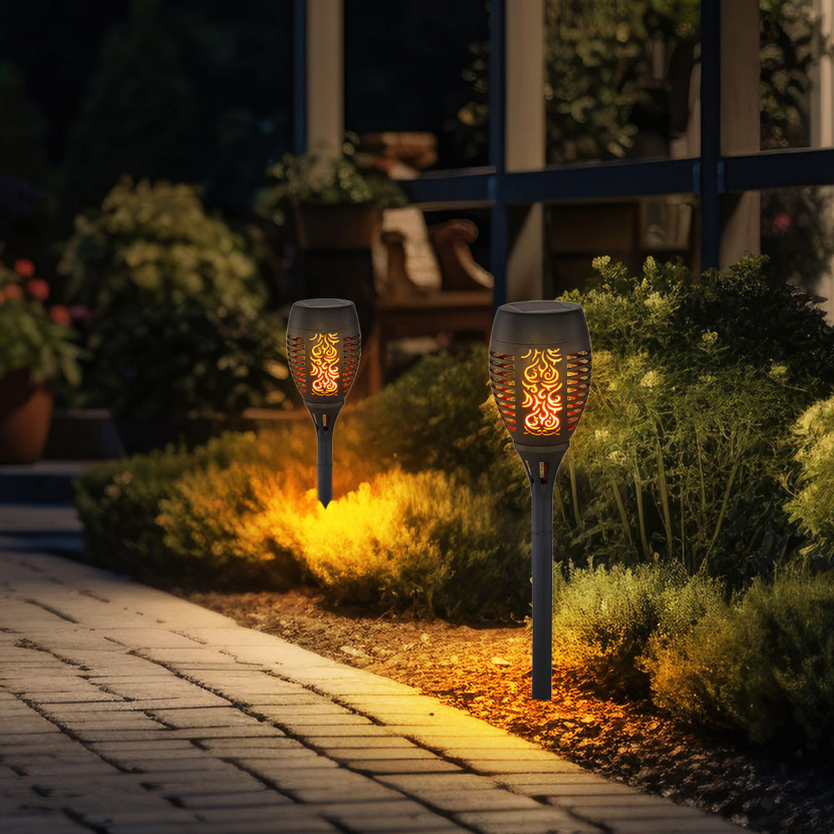 LED AUSSENLEUCHTE Solar Feuereffekt Schwarz 2er Set - Schwarz, Kunststoff (9.5/9.5/49.5cm) - Globo Lighting