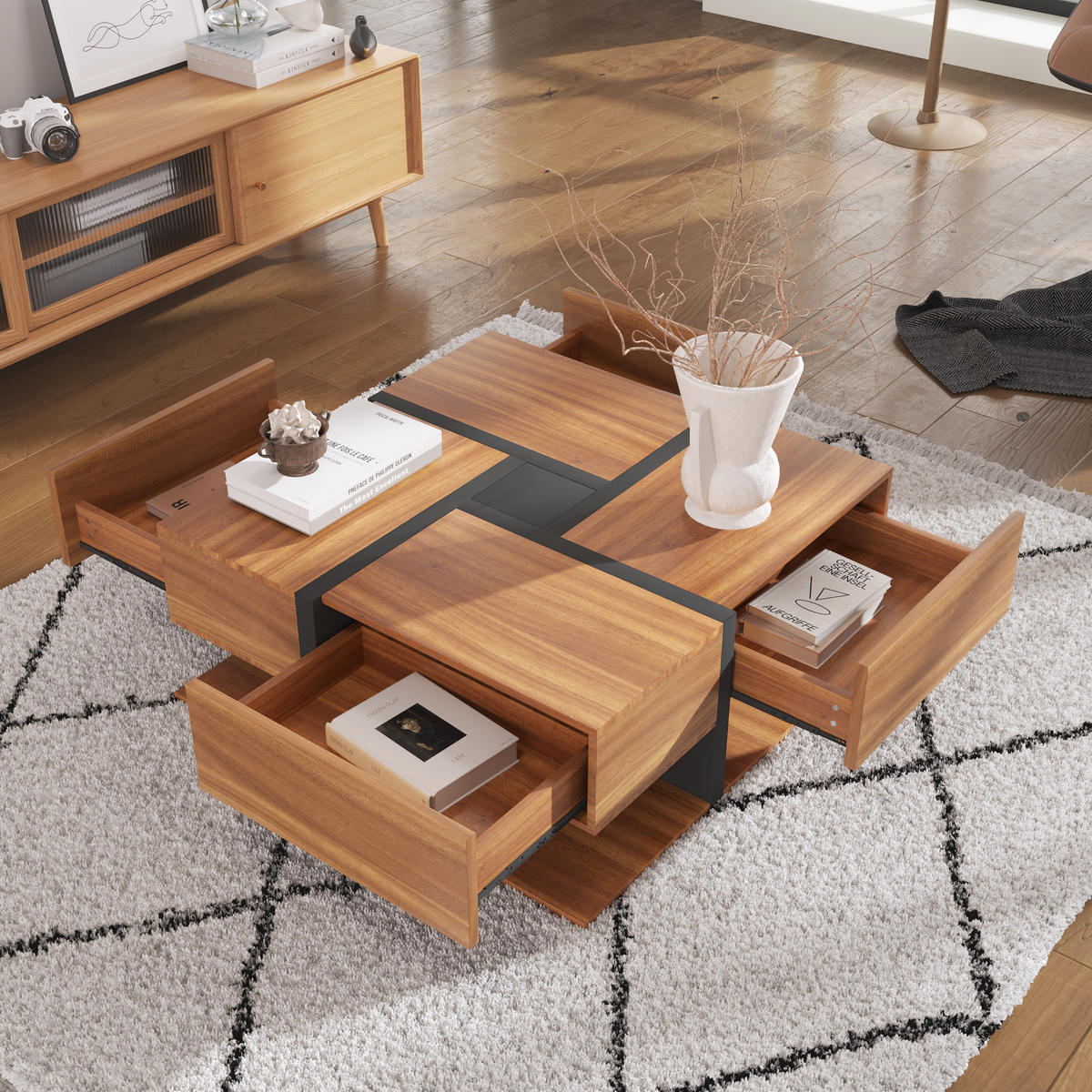 COUCHTISCH 78/78/36 cm Natural aus Spanplatte mit 4 Schubladen und Ablage - Naturfarben, Holzwerkstoff (78/78/36cm) - OKWISH