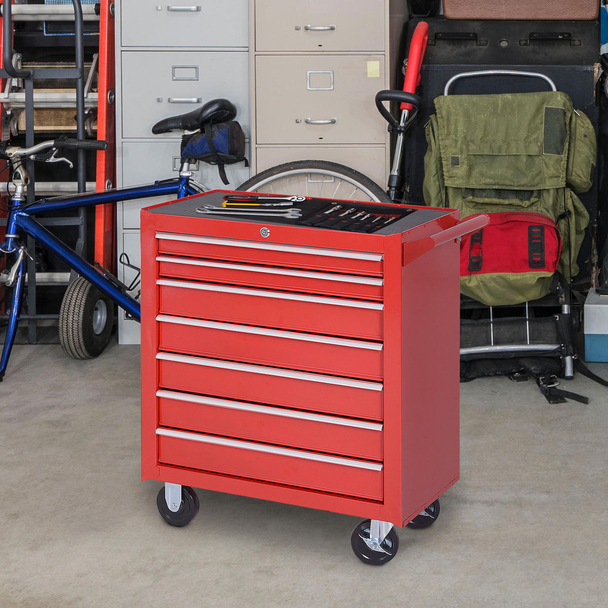 WERKSTATTWAGEN mit Rollen, Werkzeugwagen mit 7 Schubladen, abschließbar Stahl - Rot, Metall (33/75/69cm) - DURHAND