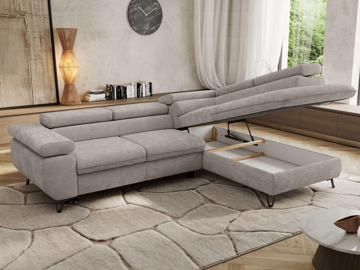 ECKSOFA PABLO L Hellgrau Schenille glatt - Rechts Seite mit T25 Topper - Hellgrau/Schwarz, Textil/Metall (273/208cm) - MKS