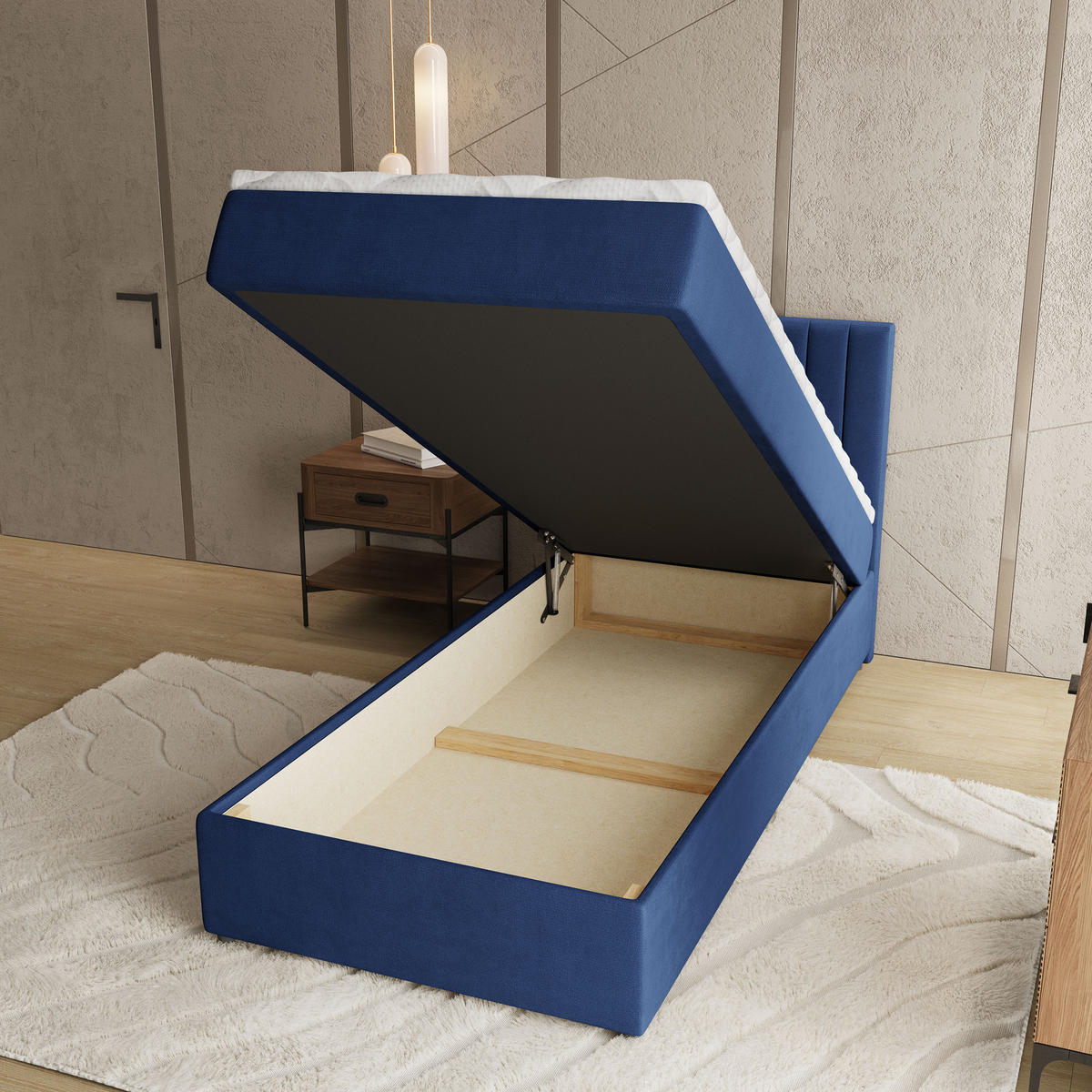 BOXBETT BRESEL 100 100x200 cm mit Matratze und Topper, H2+H3 - Blau - Blau, Holz (100/200cm) - MASSENO