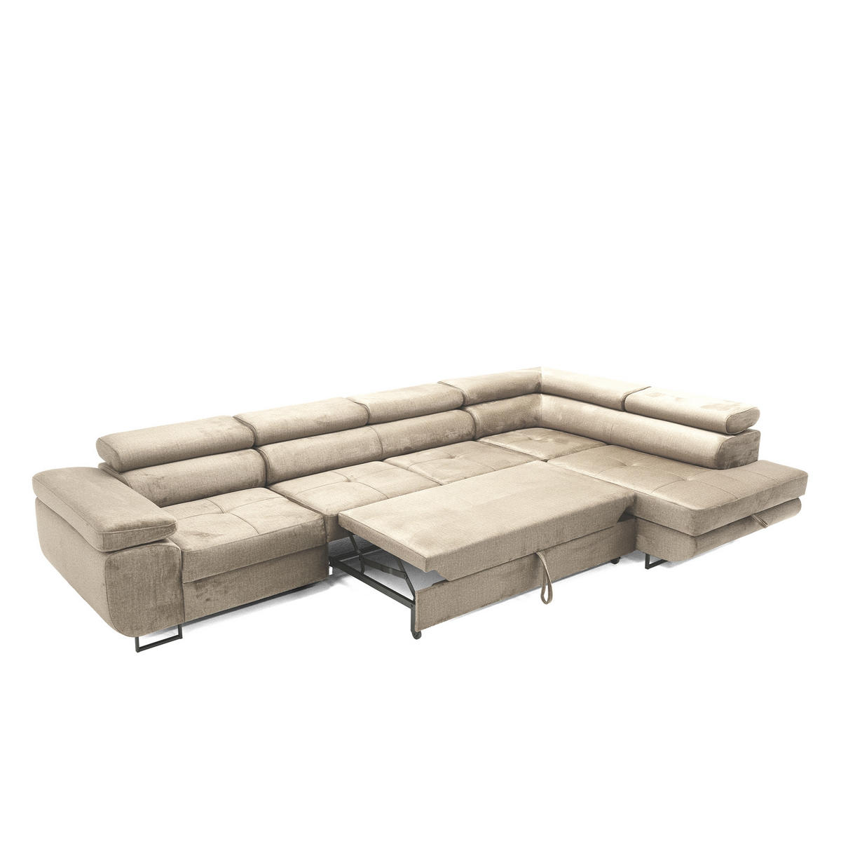 ECKSOFA WILD MAXI L Rechts mit Schlaffunktion 125x195 Velours Beige - Chromfarben/Beige, Holz/Textil (203/350cm) - Muffo