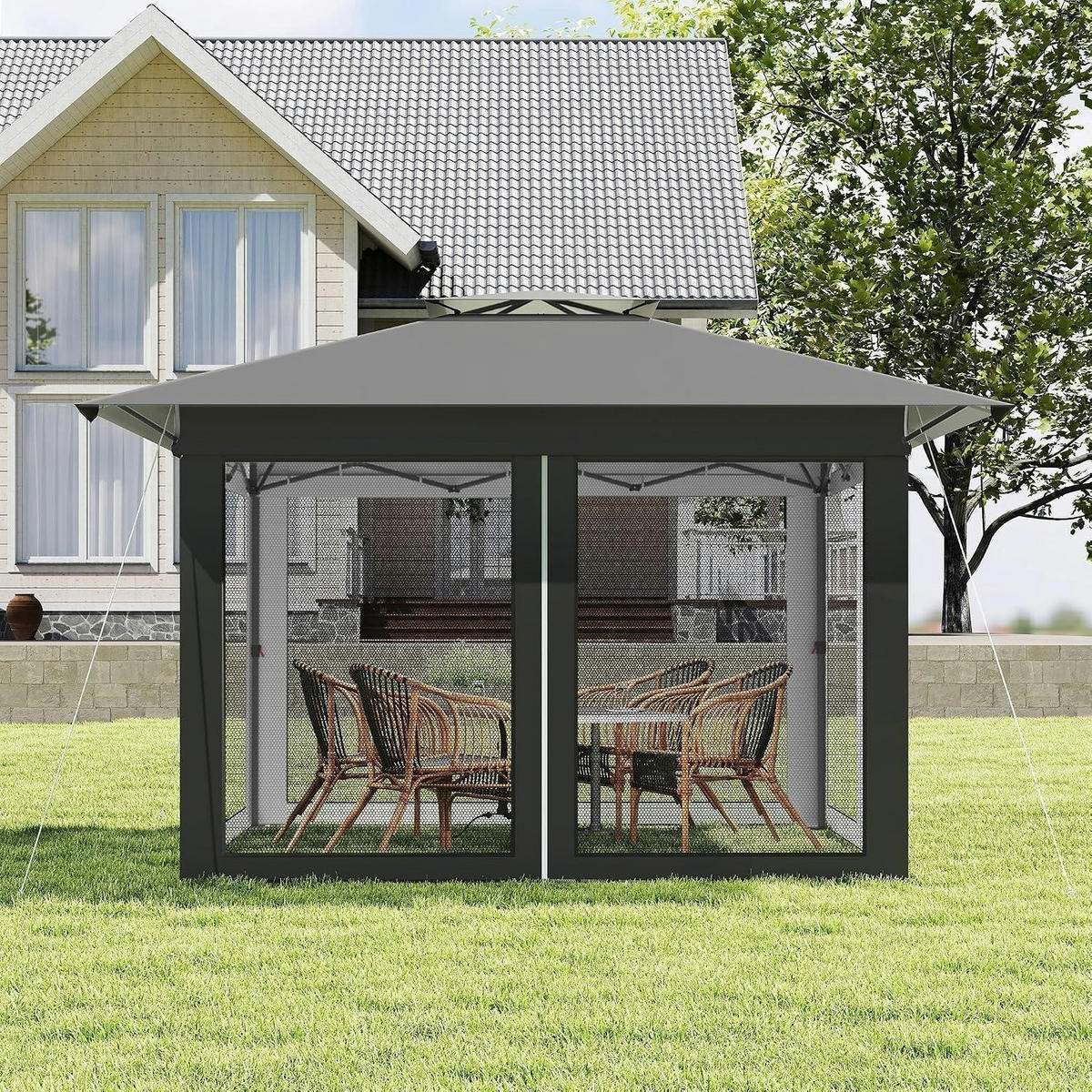 GARTENPAVILLON 4x4m Pop-up Anthrazit Höhenverstellbar mit Moskitonetz - Anthrazit, Metall (300/285/400cm)