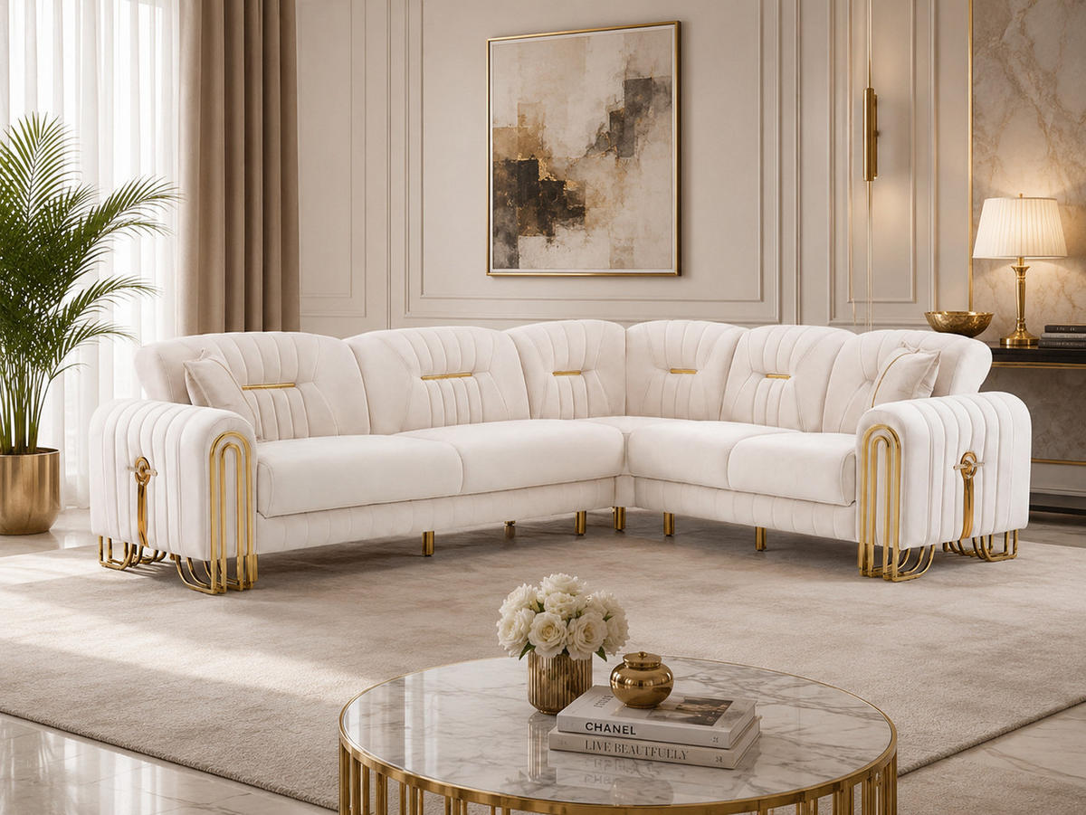 ECKSCHLAFSOFA Bogota Creme - Langer Schenkel Links - Creme, Holzwerkstoff/Metall (310/245cm)