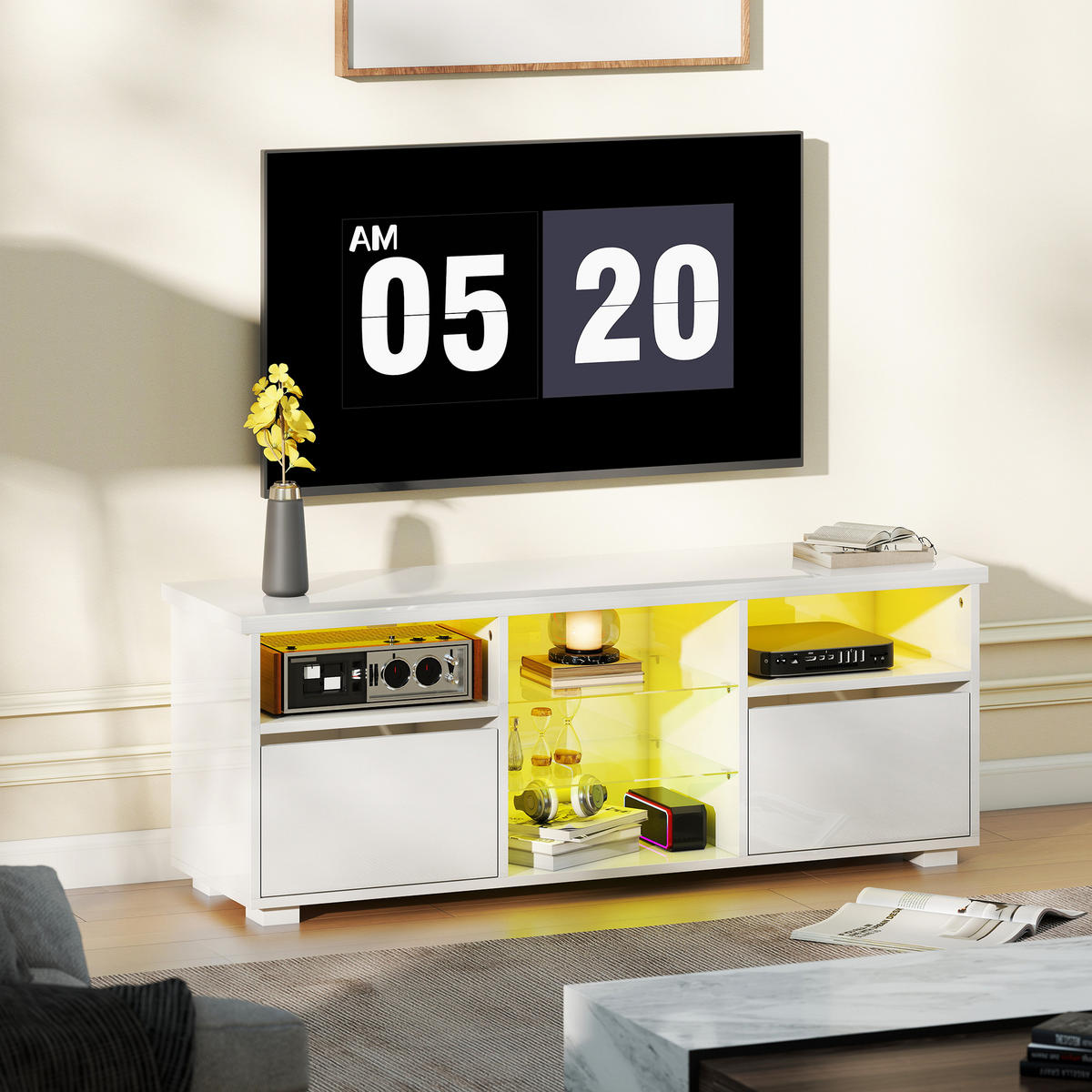 TV-LOWBOARD Weiß Hochglanz 120/34/45 cm, LED-Beleuchtung, Glasböden - Weiß Hochglanz, Holzwerkstoff (120/45/34cm) - PANGIVO