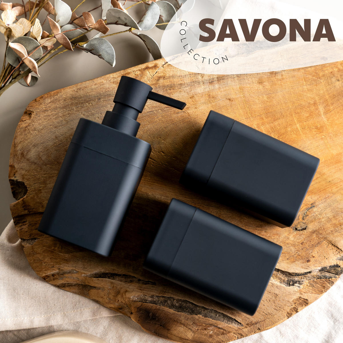 BADEZIMMER-SET SAVONA, Soft-Touch, schwarz, eckig - Schwarz, Kunststoff (7/16/9cm) - bremermann