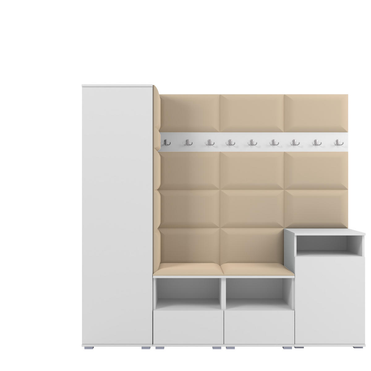 GARDEROBE NELA X 200 cm (Modulare Flurmöbel Weiß mit Sitzpolster Beige 04 Schrank + Sidelboard) - Beige/Silberfarben, Holz/Holzwerkstoff (200/187/40cm) - Ravio