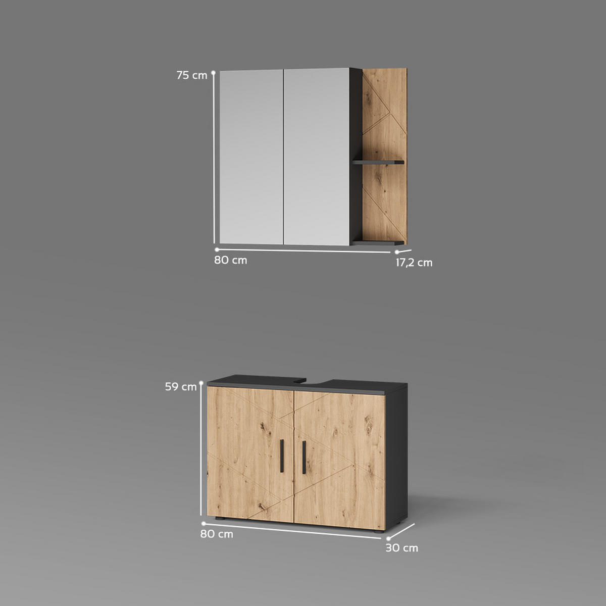 BADMÖBEL-SET Ronco, Anthrazit/Artisan-Eiche, 2-teilig - Anthrazit/Eiche Artisan, Holzwerkstoff (80/59/30cm) - Livinity®