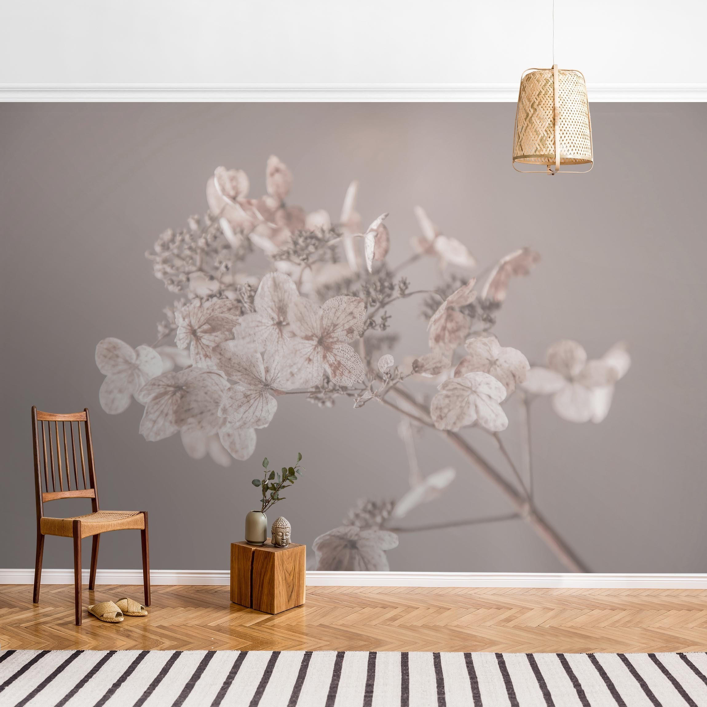 FOTOTAPETE Zarte weiße Hortensie 336/225 cm - Eichefarben, Papier (336/225cm) - Bilderwelten