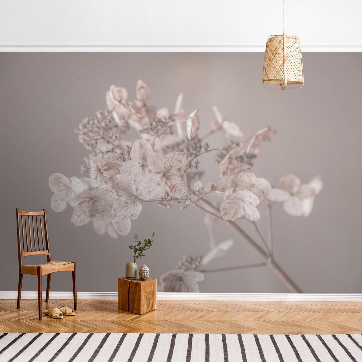 FOTOTAPETE Zarte weiße Hortensie 336/225 cm - Eichefarben, Papier (336/225cm) - Bilderwelten