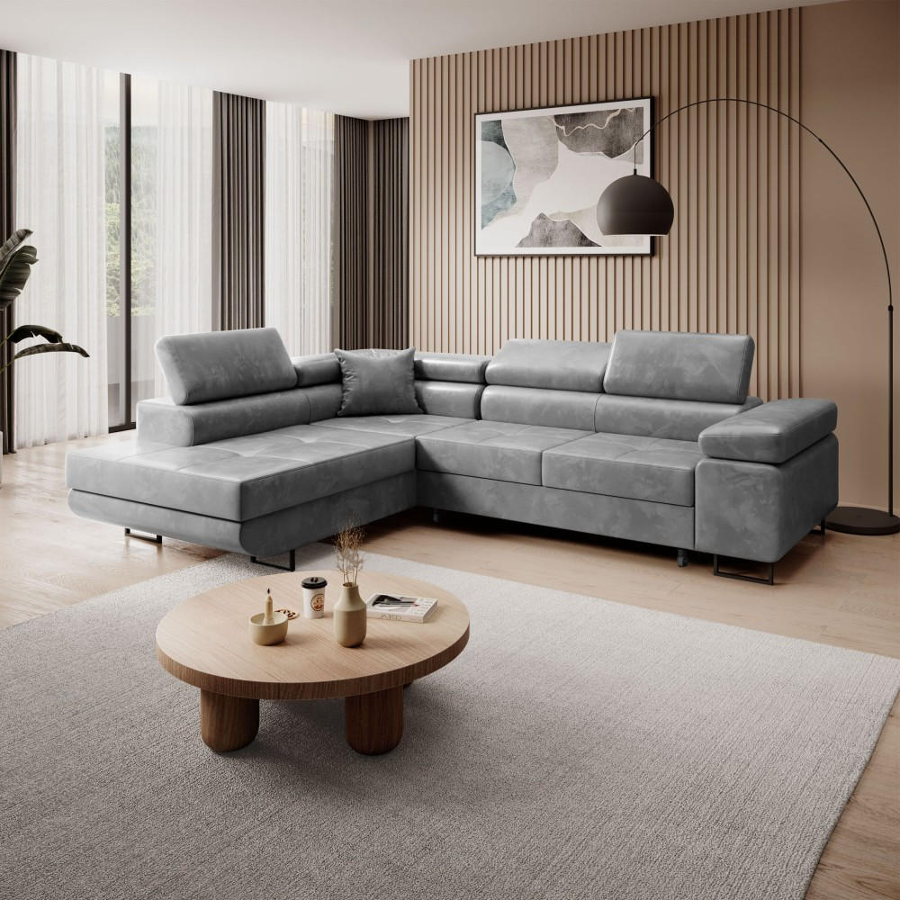 ECKSCHLAFSOFA Waldo verstellbaren Kopfstützen, Hellgrau, links - Hellgrau/Schwarz, Textil (275/203cm) - Beautysofa