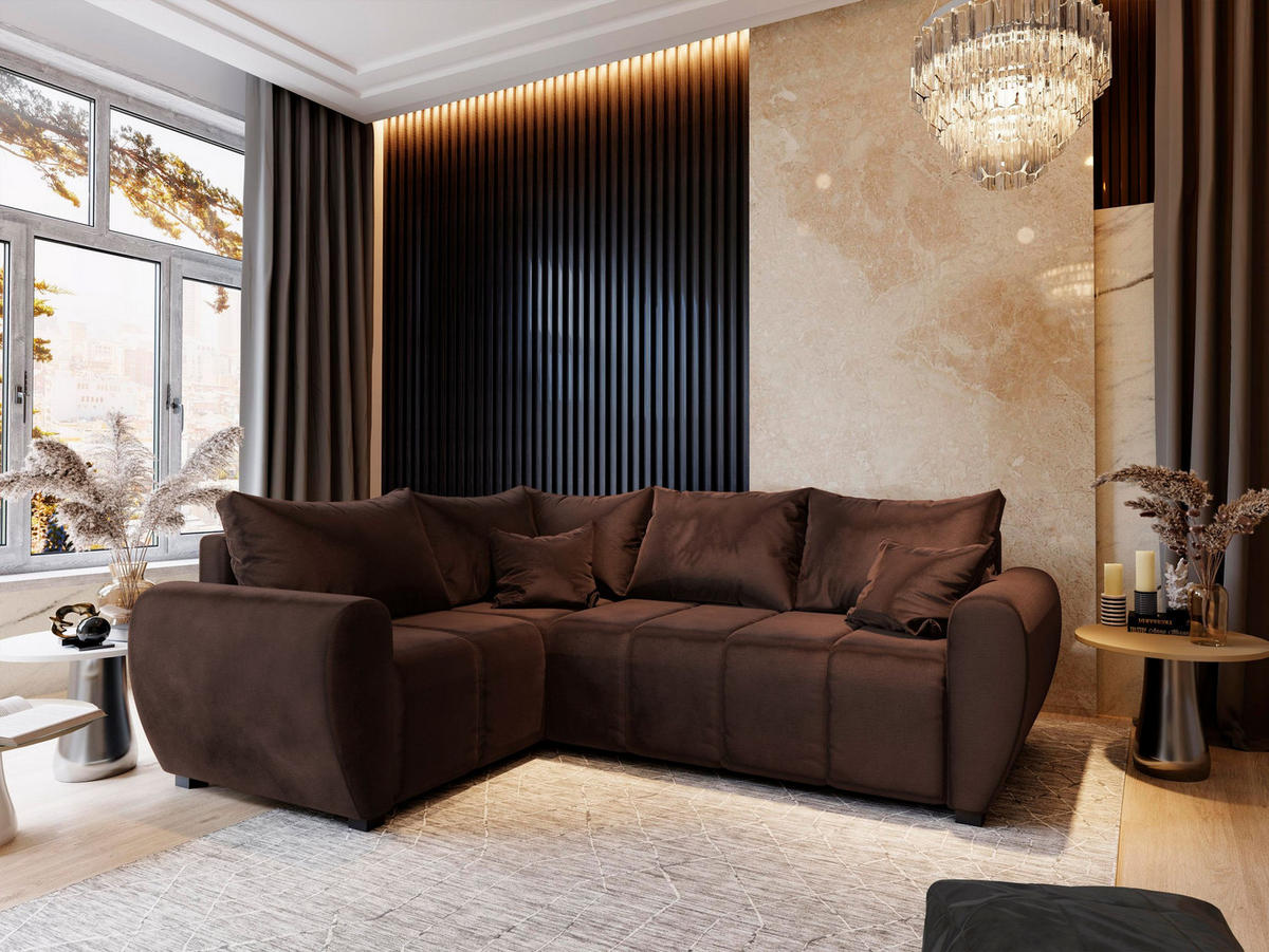 ECKSOFA MADISON L L-S Braun Plüsch-Stoff mit Schlaffunktion - Braun, Holz (235/175cm) - MASSENO