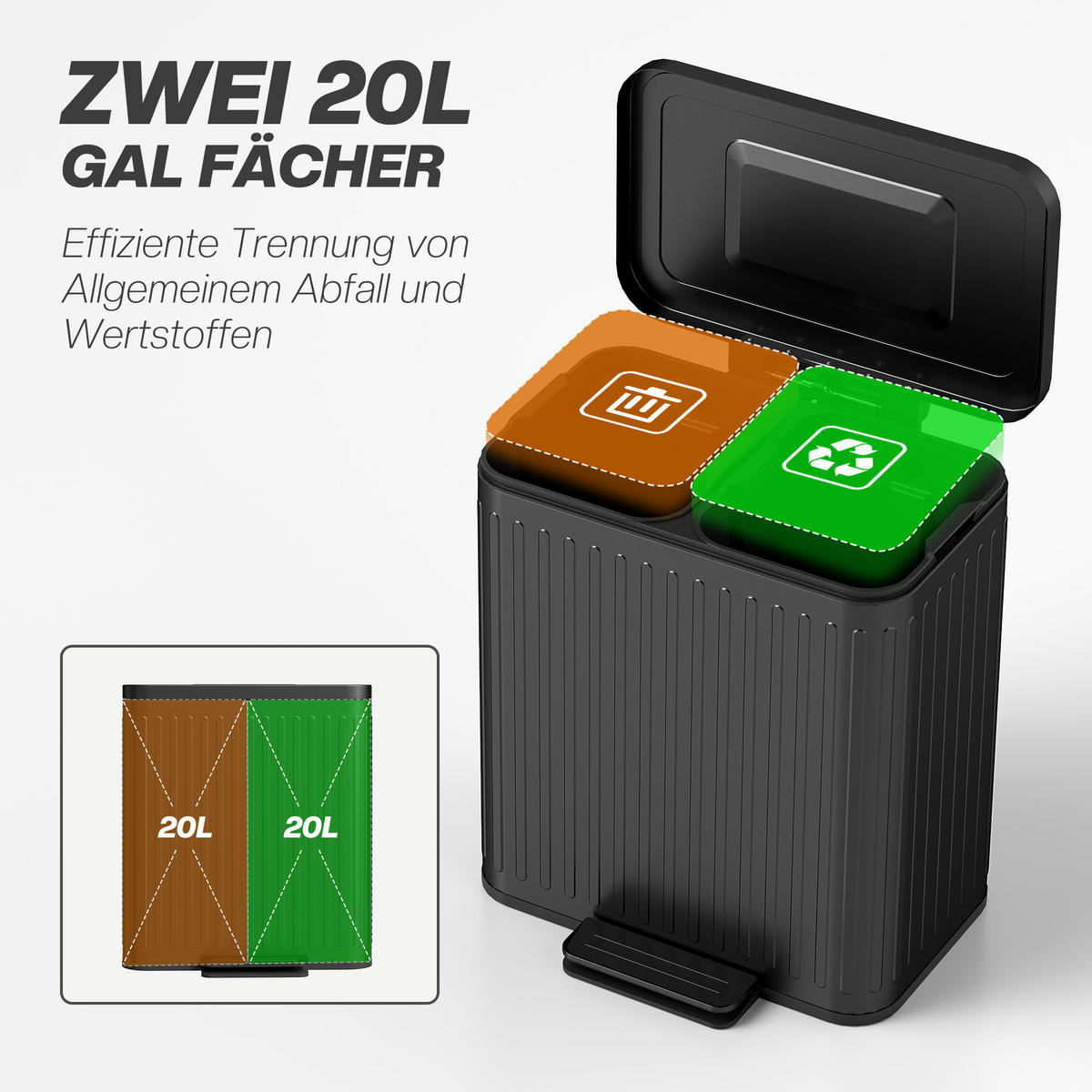 MÜLLEIMER DE-08924 2x20 L mit Fußpedal & Soft-Close Schwarz - Schwarz, Metall (36.5/51/45.5cm) - ComfortXL