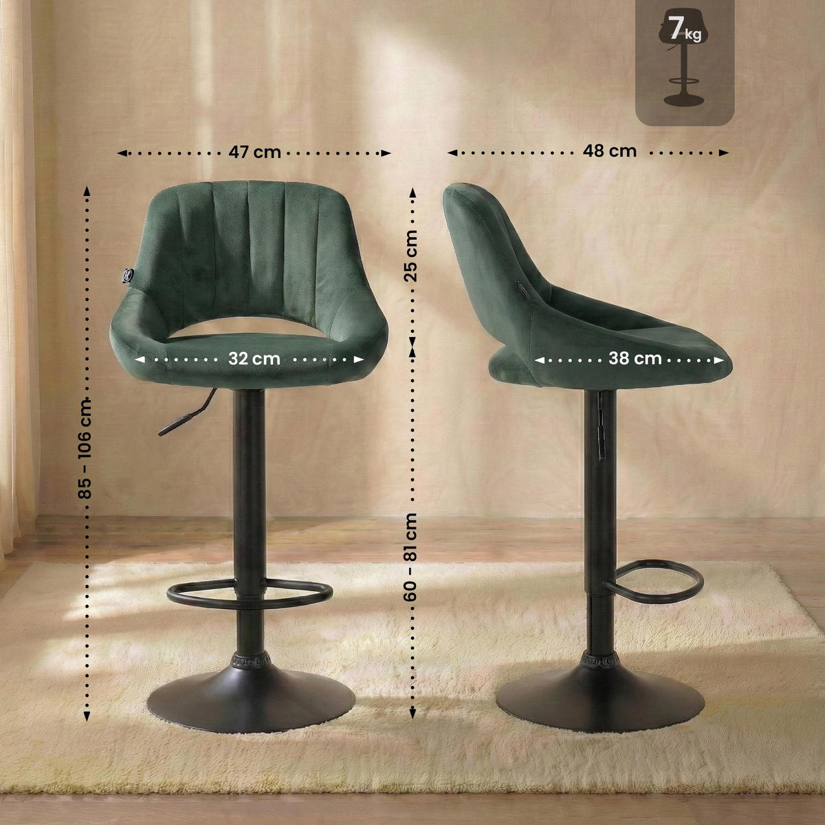 BARHOCKER Samt Grün - Schwarz/Grün, Textil/Metall (47/85/48cm) - CLP