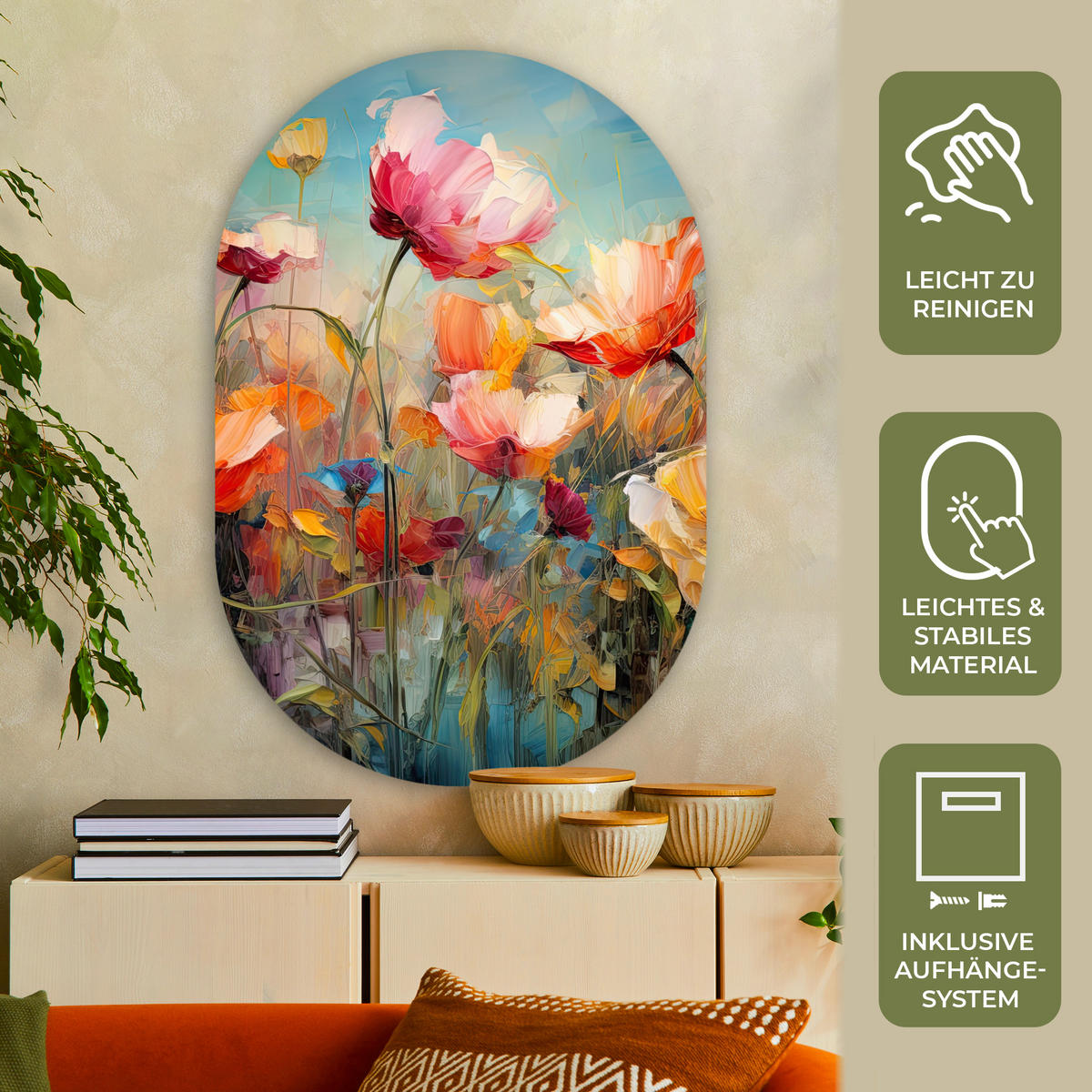 WANDBILD Blumen - Aquarell - Kunst - Botanisch - Natur 80x120 cm - Orange, Kunststoff (80/120cm) - MuchoWow