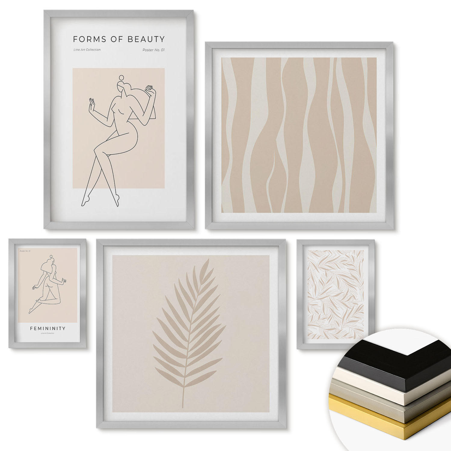 WANDBILDER 5er Set - 50x50 cm & 20x30 cm & 40x60 cm Silberner Rahmen - Minimalistische Pflanzenmotive - Silberfarben, Kunststoff (40/60cm) - ArtPrintCave