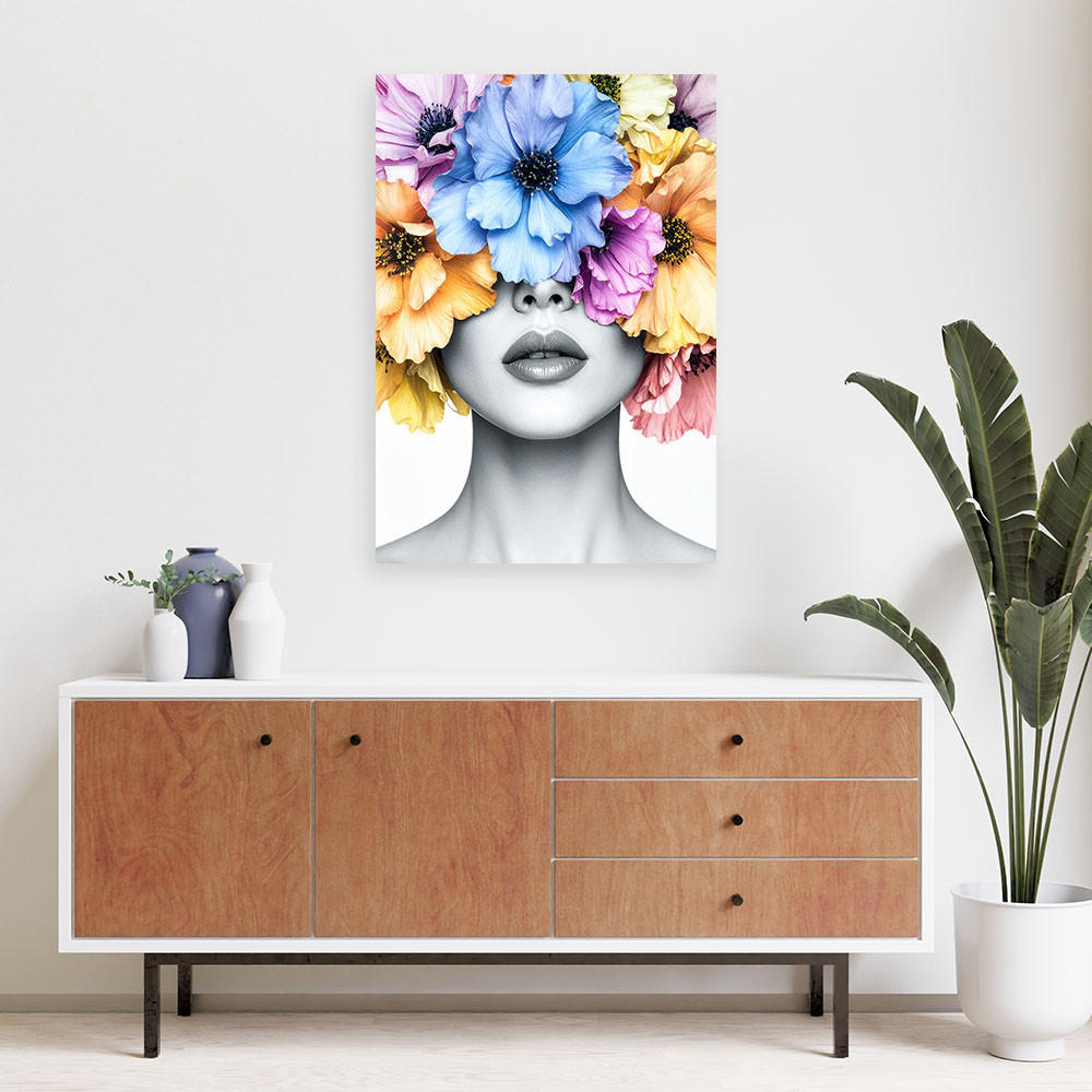 LEINWANDBILD Frau mit Blumen auf dem Kopf 80x120cm - Multicolor, Textil (80/120cm) - Feeby