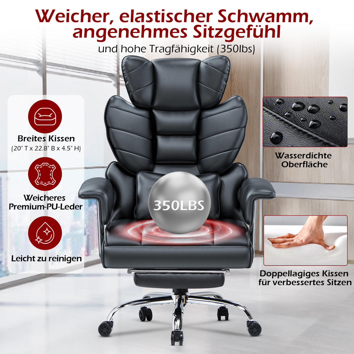 CHEFSESSEL ergonomisch, Leder, Fußstütze – Schwarz - Schwarz, Metall (58/128/50cm) - Rattantree