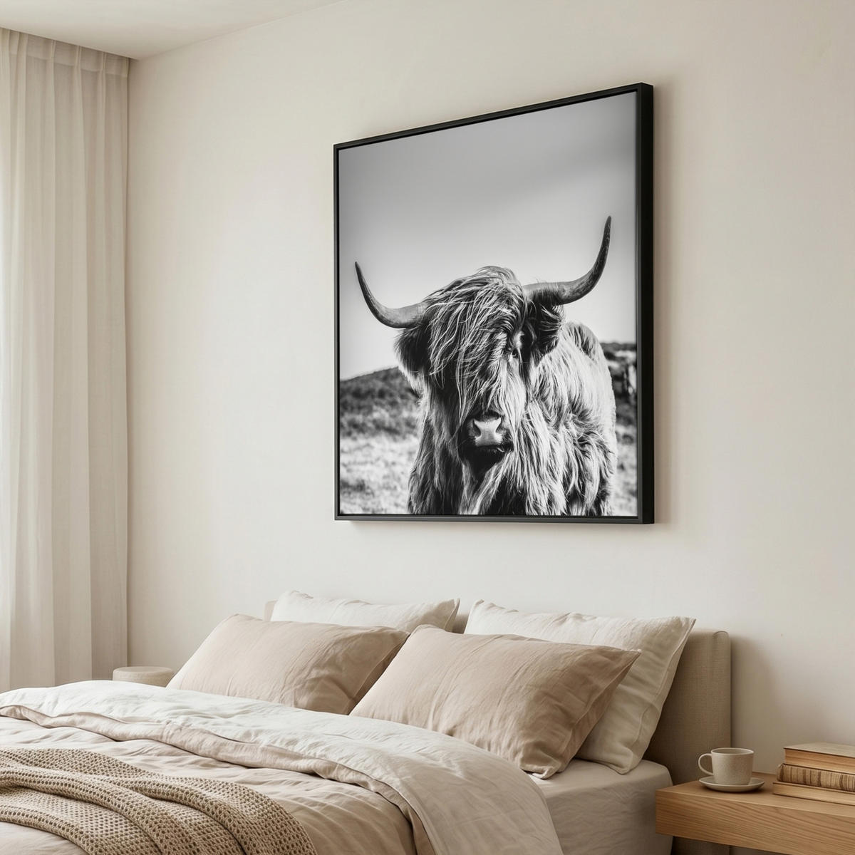 LEINWAND Bilder mit Rahmen - Kuh - Schottischer Hochländer - Schwarz - Weiß - Tier - Natur - Wildtiere - 90x90 - Schwarz, Textil (90/90cm) - MuchoWow