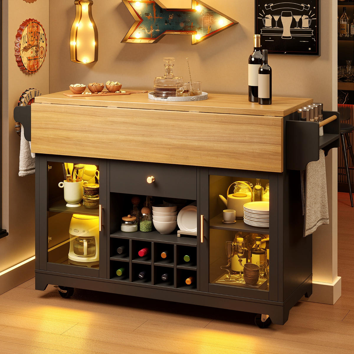 KÜCHENINSEL BEIDSEITIG AUSKLAPPBAR, Mit RGB LED Beleuchtung, 120/80/95 cm - Schwarz, Holzwerkstoff (80/95/120cm) - Rolipo