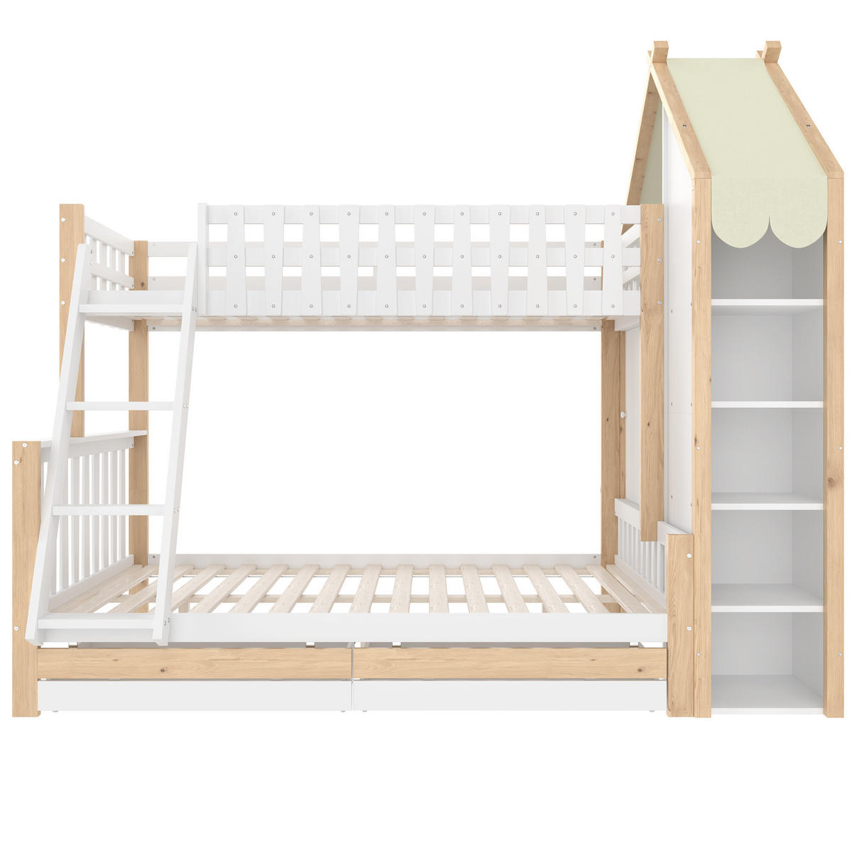 HAUSBETT 90/200 cm + 140/200 cm mit Schubladen und Hausdach in Weiß/Natur - Weiß, Holz (90/200cm) - Flora Grace