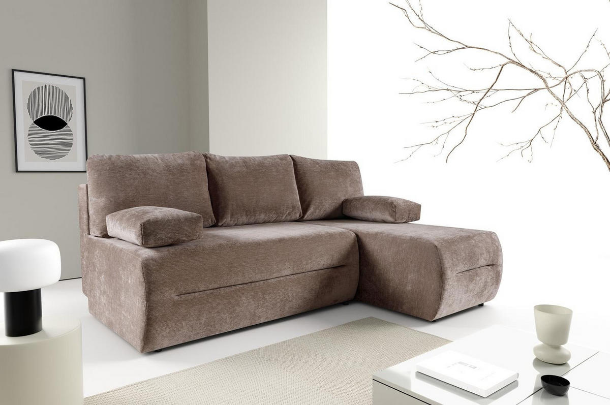 ECKSOFA mit Schlaffunktion LOFER - Chenille-Stoff Taupe - Rechtsseitig - Taupe, Textil (206/155cm) - Bettso