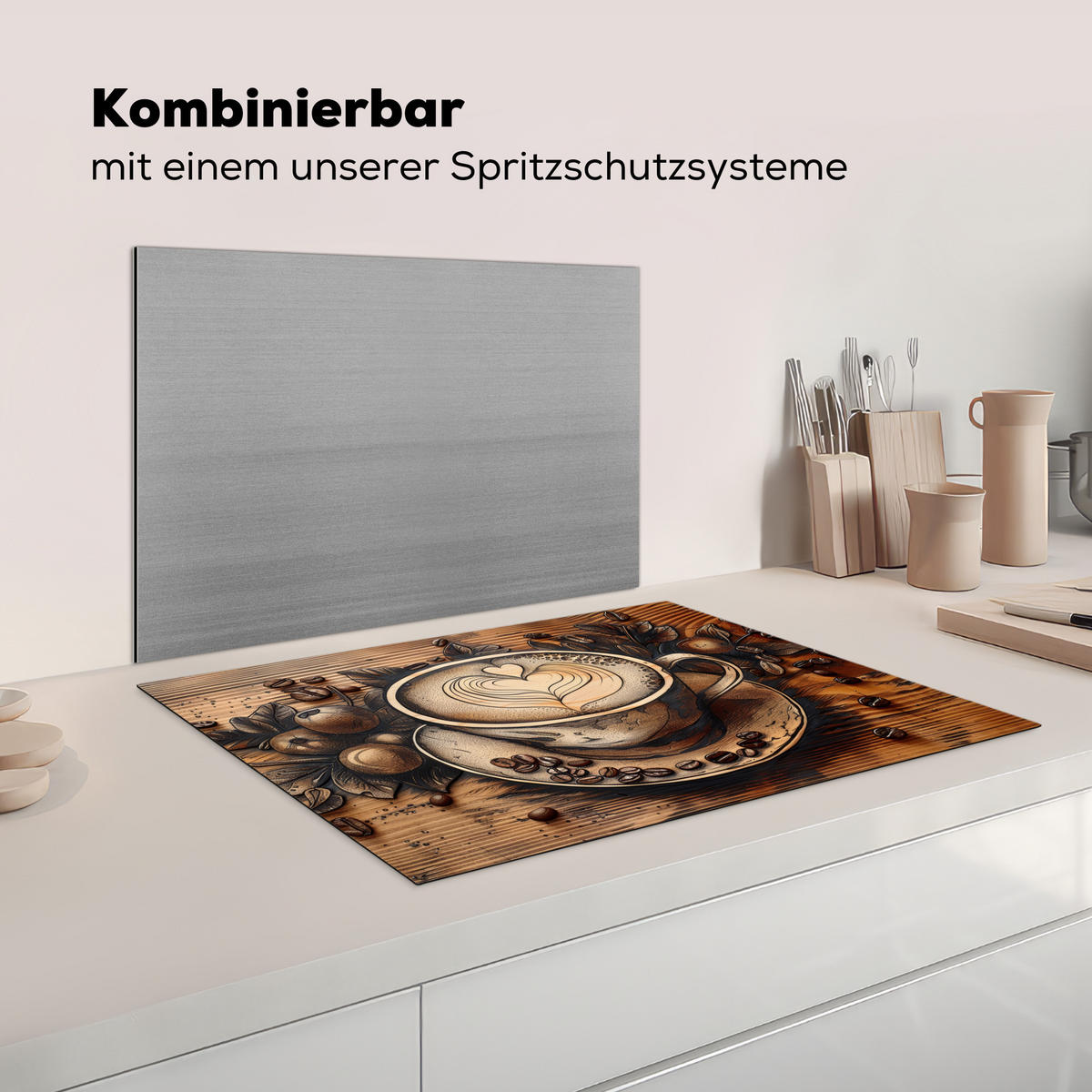 KRYT NA INDUKČNÍ DESKU Káva - Vintage - hnědá - šálek - dřevo 75x52 cm - kapučínová, plast (75/52/0.2cm) - MuchoWow