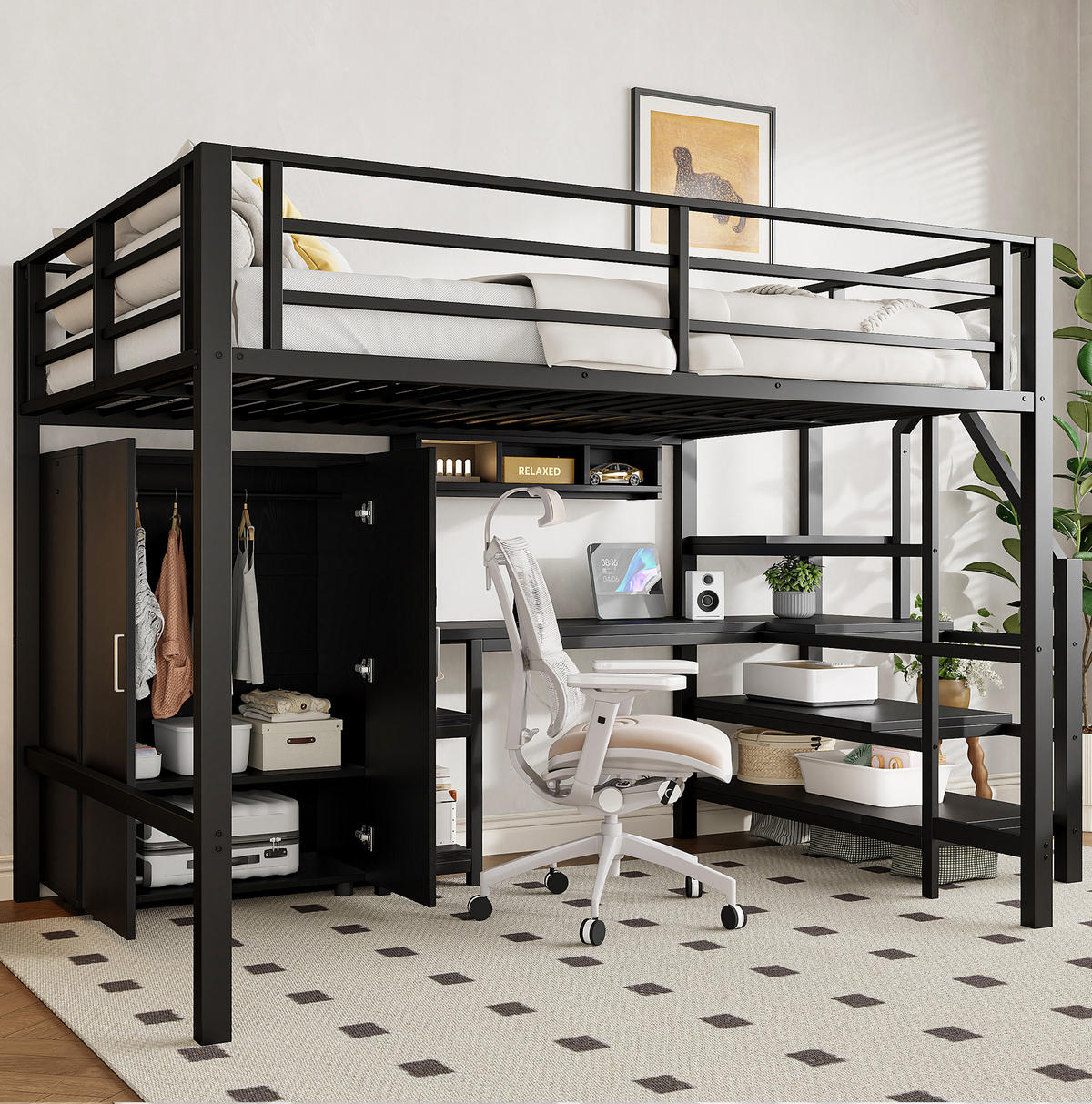 HOCHBETT 140/200 cm mit Kleiderschrank, Regalen, Ablageleiter und Schreibtisch, Schwarz - Schwarz, Metall (140/200cm) - Redom